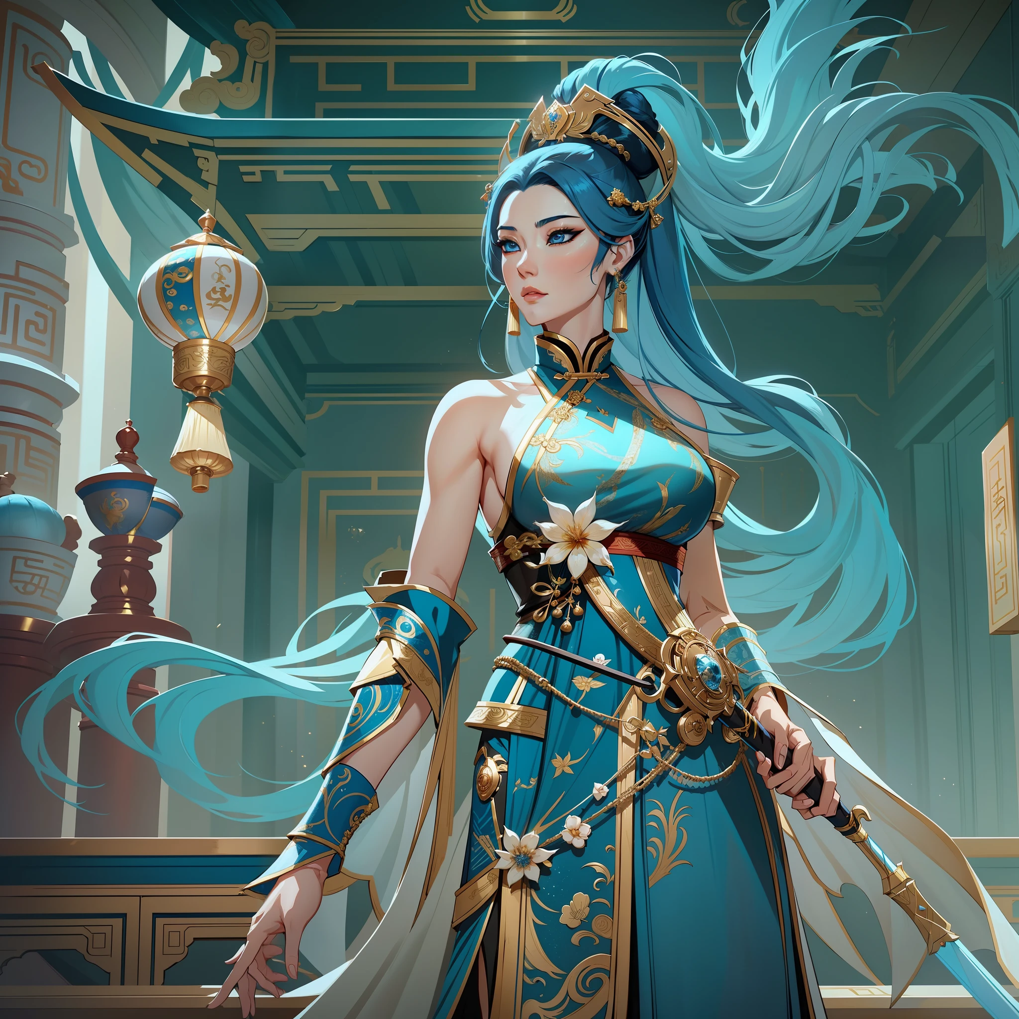 a close up of a short woman in her 30's, with blue eyes and ocean blue hair, wearing a blue and black ballgown dress, a chinese empress with blue eyes, female swordswoman, chinese princess, standing in a chinese temple, new costume concept design, in the style of blade and soul, full body character concept, detailed character design, inspired by Yang Jin, inspired by Li Mei-Shu, lunar themed attire, costume with gold accents, inspired by Ju Lian, colored concept art, highly detailed character design, highly detailed face, inspired by Ai Xuan, very highly detailed face, unreal engine render, final fantasy 14 style