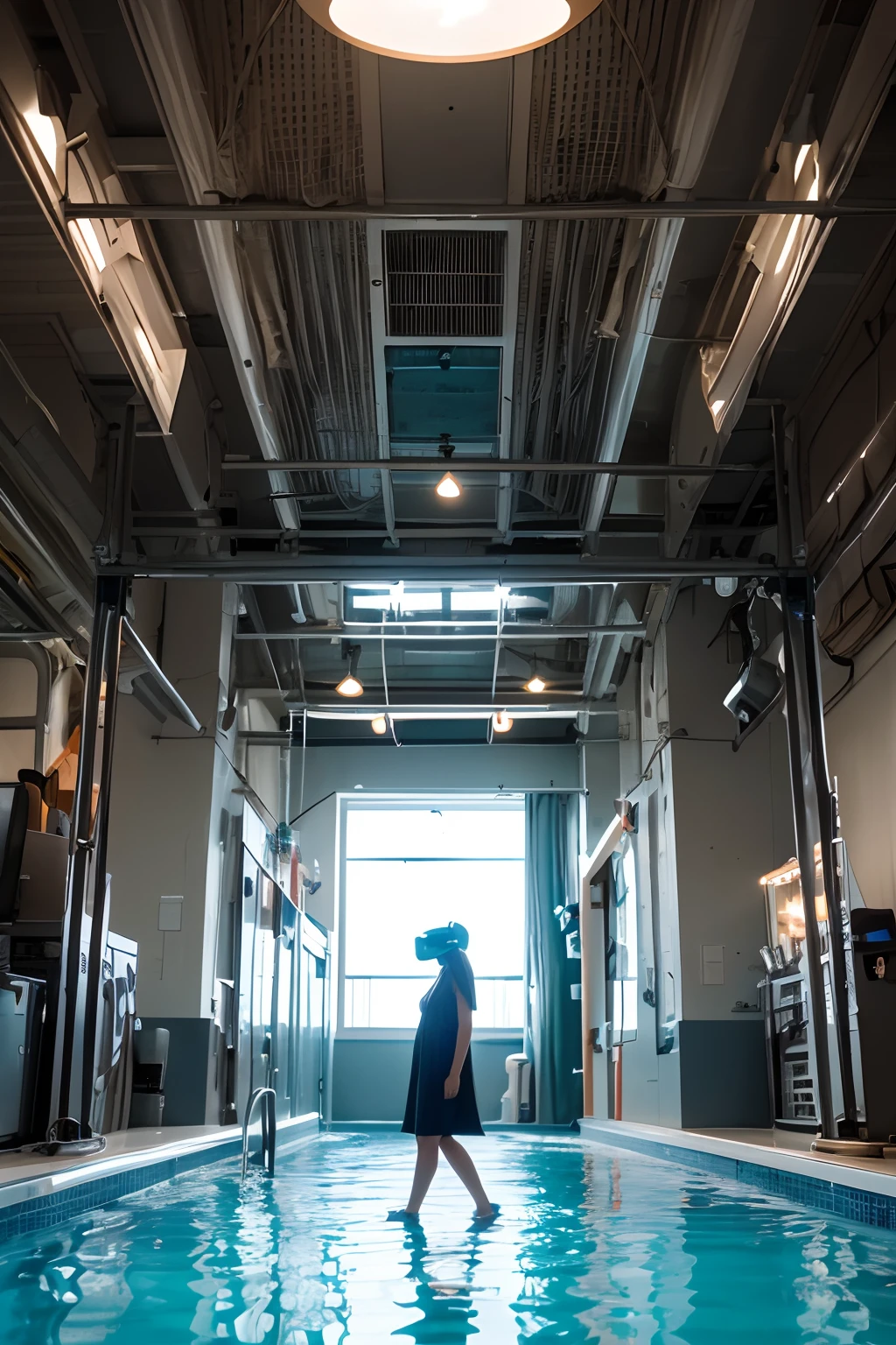 In a dimly lit underground laboratory in a futuristic world, Young female scientist walks pensively beside a series of giant tanks. These tanks, Towering like a pillar、Retreat to a dark distance, Illuminated with a combination of striking blue lighting and fluorescent lamps. In the central tank, A huge fetus floats, Wearing a VR headset, Suspended in an amniotic pool, Caricature symbols of modernity and a glimpse into the unknown future. The scene is surreal, Full of both wonder and ominous premonitions, A sci-fi movie snapshot that captures the intersection of technology, Life, and ethics. The scientist's face reflects a mixture of curiosities, determination, And a hint of concern, While she stares at the floating fetus, Considering the meaning of her groundbreaking research.