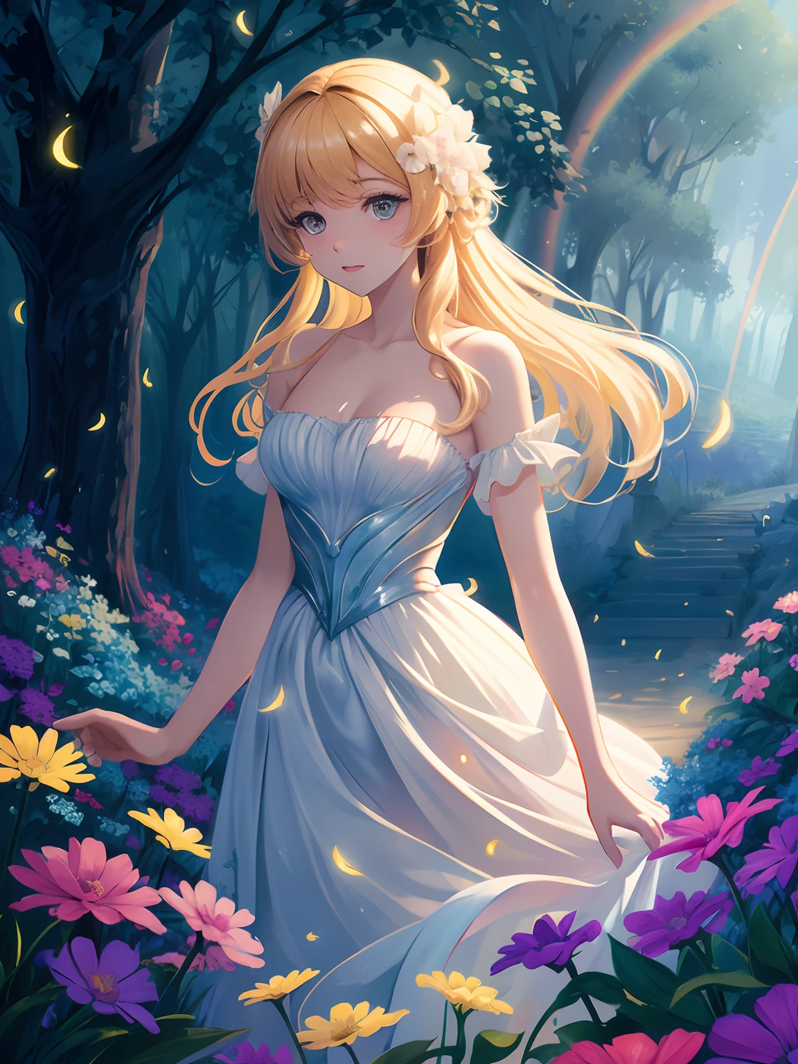 1girl, solo, full body, (masterpiece:1.21), (best quality:1.2), colorful, (illustration:1.2), (cinematic lighting:1.1), (bare shoulders:1.21), (collarbone:1.21) in this whimsical A beautiful and dreamlike garden, the scene is illuminated by a rainbow (colorful fireflies) dancing in the air. Pastel (drizzle) adorns the garden, creating a hazy and ethereal atmosphere. In the center of the picture, stands a single girl, an extremely beautiful girl, with lovely facial features and an innocent expression. Her long hair fluttered in the wind. She wore a low-cut strapless dress that accentuated her curves. The lighting is very delicate and beautiful, creating a soft warm glow that accentuates the water and makes it sparkle like a diamond. The finest grasses are also illuminated to create a lush carpet. The garden is surrounded by colorful flower fields with flowers of all colors and shapes. Various colors and sizes (coloured butterflies) can be seen flying around the scene, adding to the overall sense of wonder and magic. (Everyone, judges), a blush can be seen on the bridge of the nose, and the mouth is slightly opened, which adds to the overall sense of innocence and youth. Falling petals can be seen waving around her, adding to the overall sense of romance and beauty. The breeze is blowing, the leaves are rustling, and the flowers are swaying, adding to the overall dynamism and vitality. It is a scene of pure wonder and magic, full of color and beauty, where the viewer can lose themselves in this enchanting and captivating world.