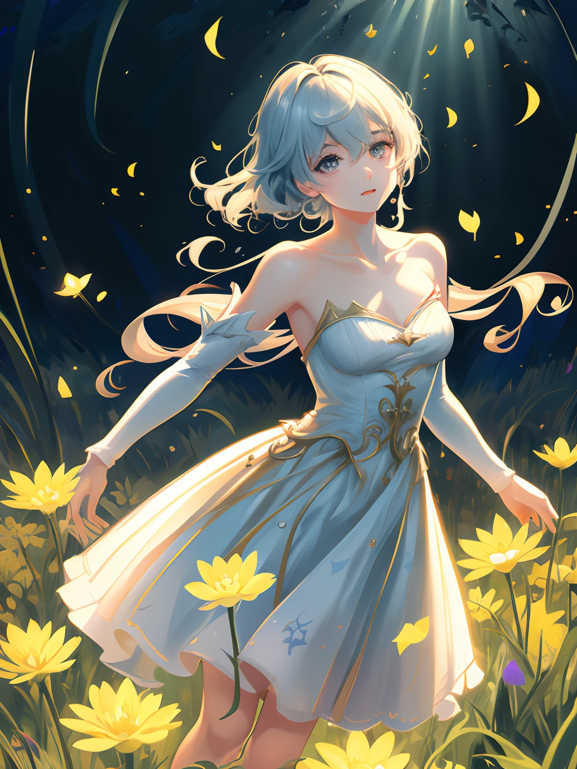 1girl, solo, full body, (masterpiece:1.21), (best quality:1.2), colorful, (illustration:1.2), (cinematic lighting:1.1), (bare shoulders:1.21), (collarbone:1.21) In this whimsical and fantastic garden,The scene is rainbowed(colorful fireflies)illuminate,dance through the air。Soft(Drizzle)Decorate the garden,It creates a hazy and ethereal atmosphere。In the center of the screen,There was a single age girl standing,Extremely delicate girl,Lovely facial features,The expression is innocent。Her long hair fluttered in the wind。She wears an ultra-low-cut strapless dress,Highlight her delicate curves。The lighting is very delicate and beautiful,Creates a soft and warm glow,Highlights the surface of the water,making it sparkle like diamonds。The finest grass is also illuminated,Create a lush carpet。The garden is surrounded by colorful fields of flowers,Flowers of all colors and shapes bloom。Various colors and sizes can be seen(Colorful butterflies)Fly around the scene,It adds to the overall sense of wonder and magic。 (Gentlemen),A flush is visible at the bridge of the nose,The mouth opened slightly,It also adds to the overall sense of innocence and youthfulness。Falling petals can be seen floating around her,It adds to the overall romance and beauty。A gentle breeze,The leaves rustle,Flowers sway,Adds to the overall dynamism and vitality。It is a scene of pure wonder and magic,Full of color and beauty,Viewers can lose themselves in this fascinating and fascinating world,Grass God