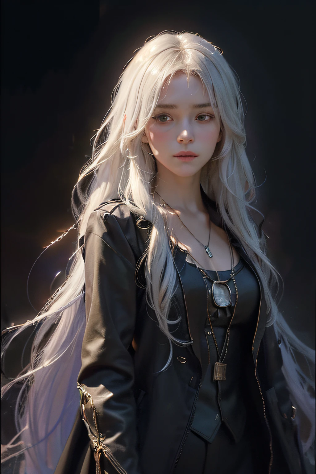 (front focus),(in the dark:1.6), Hyperrealist portrait of female by david hockney and alphonse mucha,fantasy art, photo realistic, dynamic lighting, artstation, poster, volumetric lighting, very detailed faces, 4 k, award winning,, 1girl, in the dark, deep shadow, low key,cowboy shot,(official clothing:1.4) ,long hair,white hair,