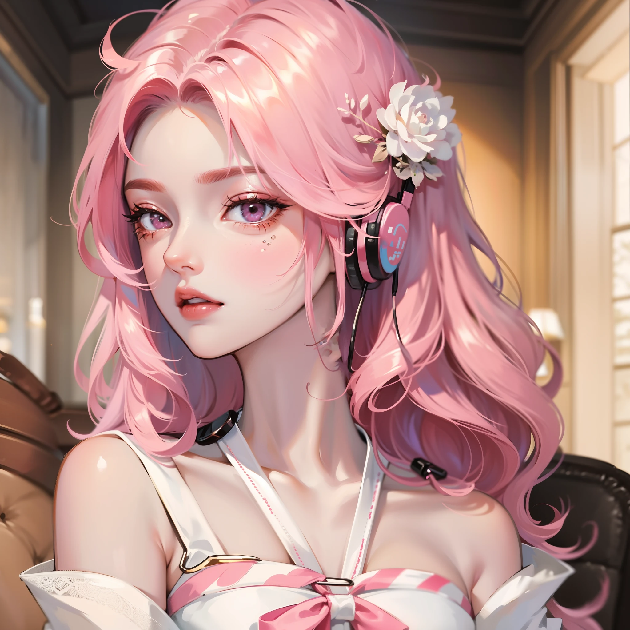 Beautuful Women,hyper HD,Comic style,Earphone🎧,Pink hair,二重まぶた,