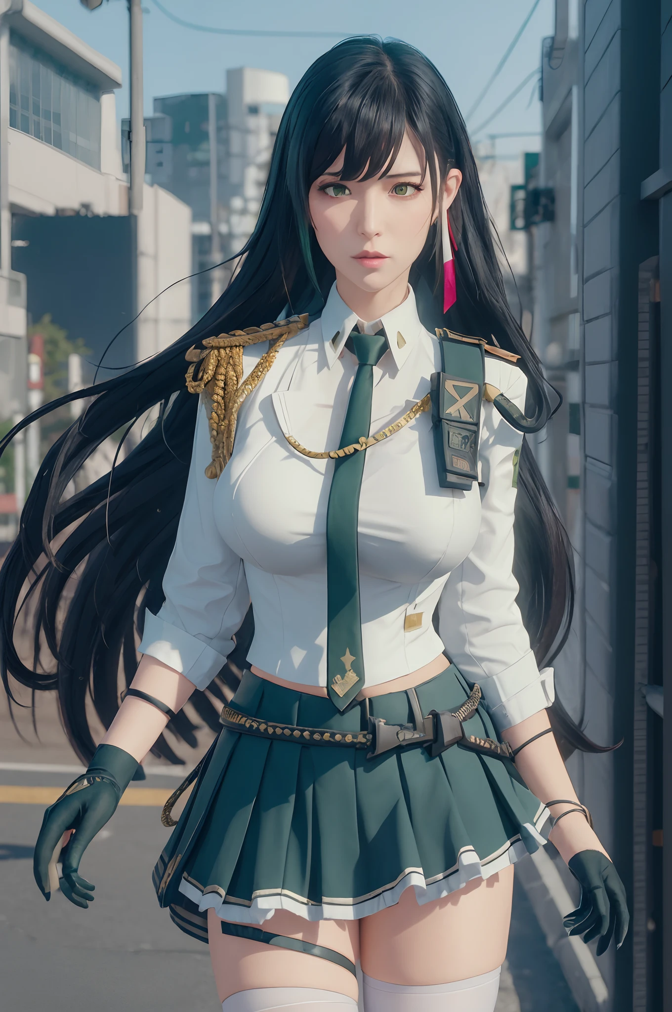 (masutepiece:1.1), (Best Quality:1.0), (超A high resolution:1.0) ,(8K resolution:1.2),(Realistic:1.0),(Ultra Detailed 1:0), (Sharp Focus 1:0),, (Lighting:1:1), cyberpunk 2077, plein air, city, Skyscraper,
1girl in, Ahoge, Bangs, Black Dark、large full breasts、full body Esbian、Colossal tits、Military, (white_Military_uniform:1.3), Green_pleats_Skirt, Multicolored_hair, neck tie, Red_neck tie, Shirt, uniform, White stockings,、adult-like、Beautiful fece、Combat regime、a cold expression、Beautuful Women