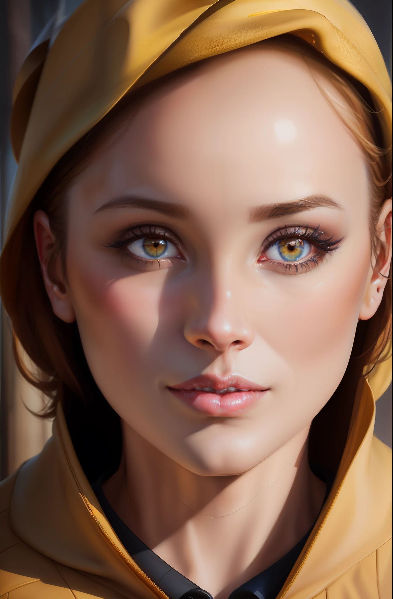 There is a woman in a yellow hat and a yellow jacket, realistic digital painting, realistic digital illustration, realistic art style, ultra realistic digital painting, realistic digital art 4k, realistic digital art 4 k, detailed realistic faces, Detailed digital painting, realistic cute girl painting, photorealistic digital painting, stunning digital illustration, beautiful realistic face, Gorgeous Digital Painting