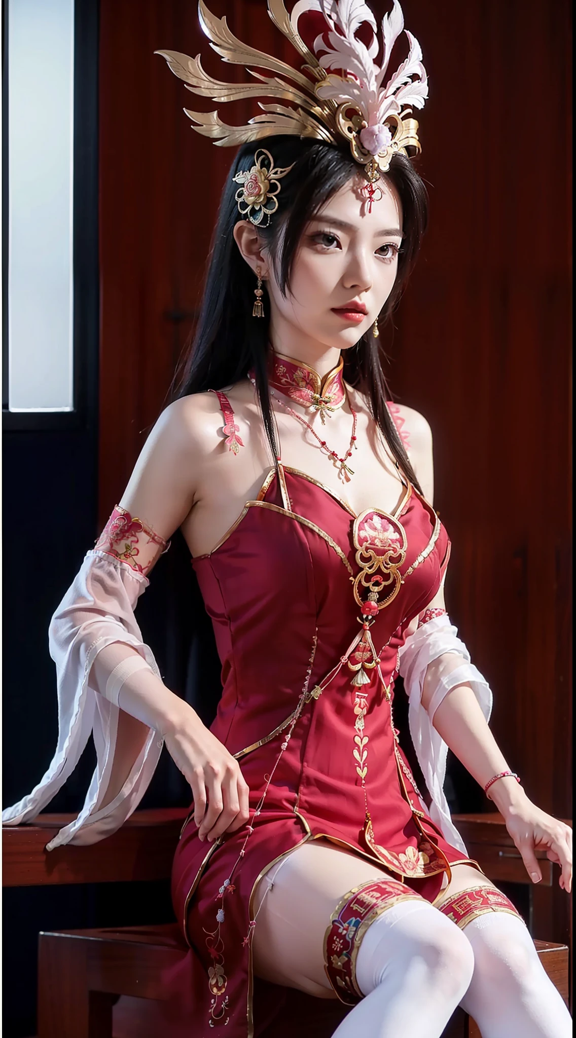 one-girl,(Pink embroidered cheongsam:1.8),white stockings,high-heels,Sitting on the bedside,Chinese elements,first person perspective,4K,