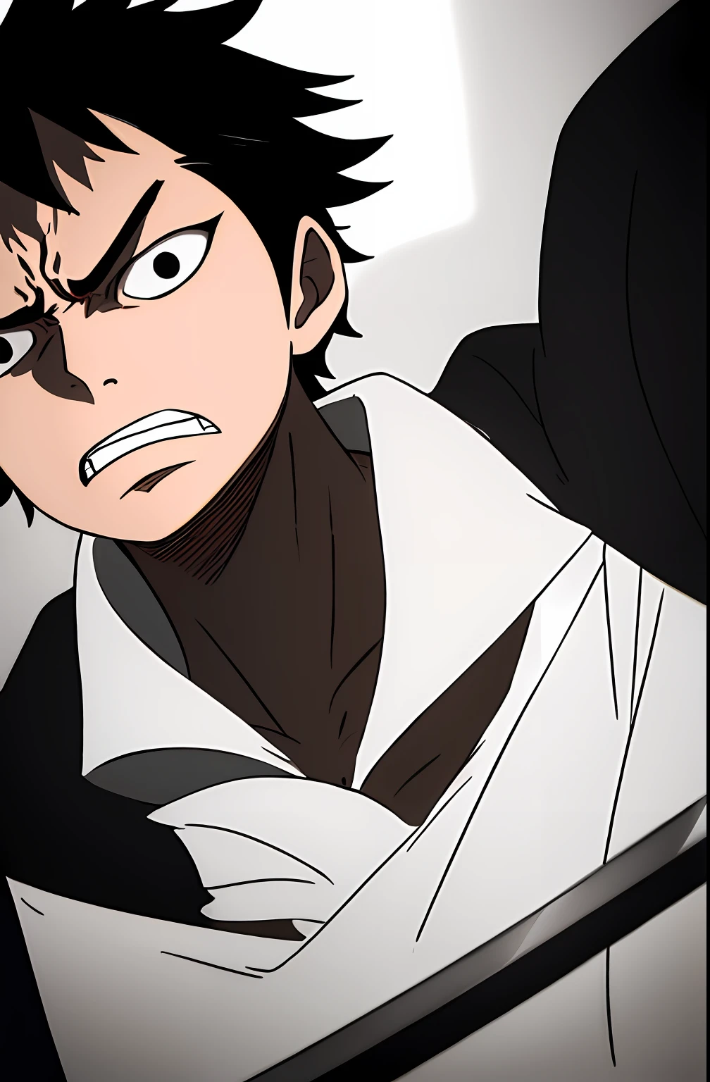 1boy, wanostyle, black hair, messy hair, short hair, black eyes, serious, angry, white turtleneck shirt, teeth, ((masterpiece)), (best quality), (extremely detailed), depth of field, sketch, dark intense shadows, sharp focus, soft lighting, hdr, colorful, good composition, spectacular, anime screencap, holding a sword, teen