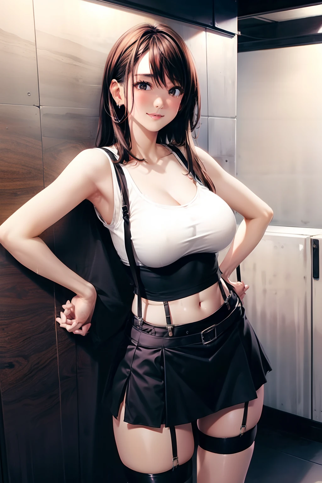 Colossal tits suspenders Garter belt on the thigh Black tank top Armpit sweat a miniskirt Brown hair Gray eyes Futomo hason Tight tank top Fold your hands behind your back a belt