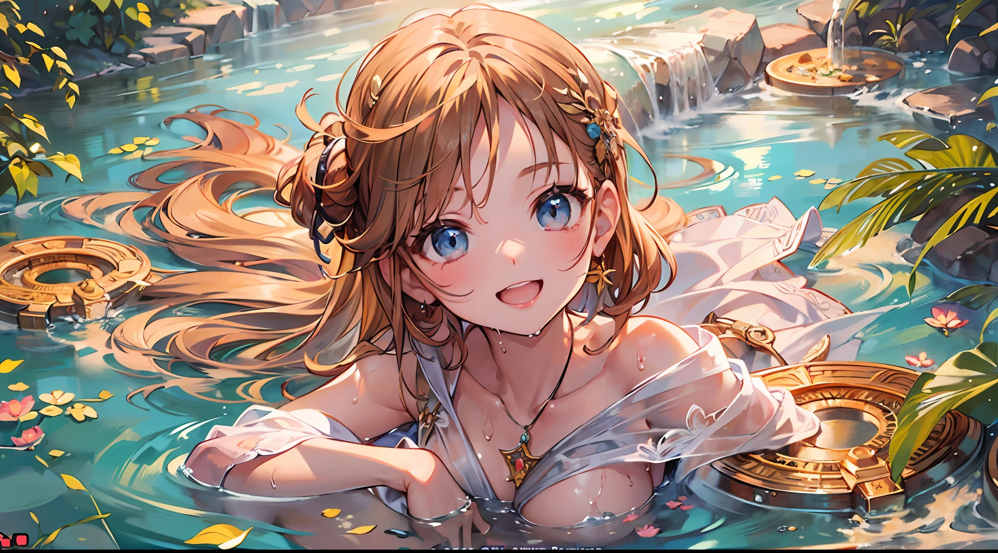 Masterpiece, top quality, super detailed CG, intricate details:1.5), 8k wallpapers, elaborate features,
(1 person, solo:1.4), perfect cartoon illustration,1 girl, cute face, smiling, naked, her skin wet with hot water, spacious Roman termae