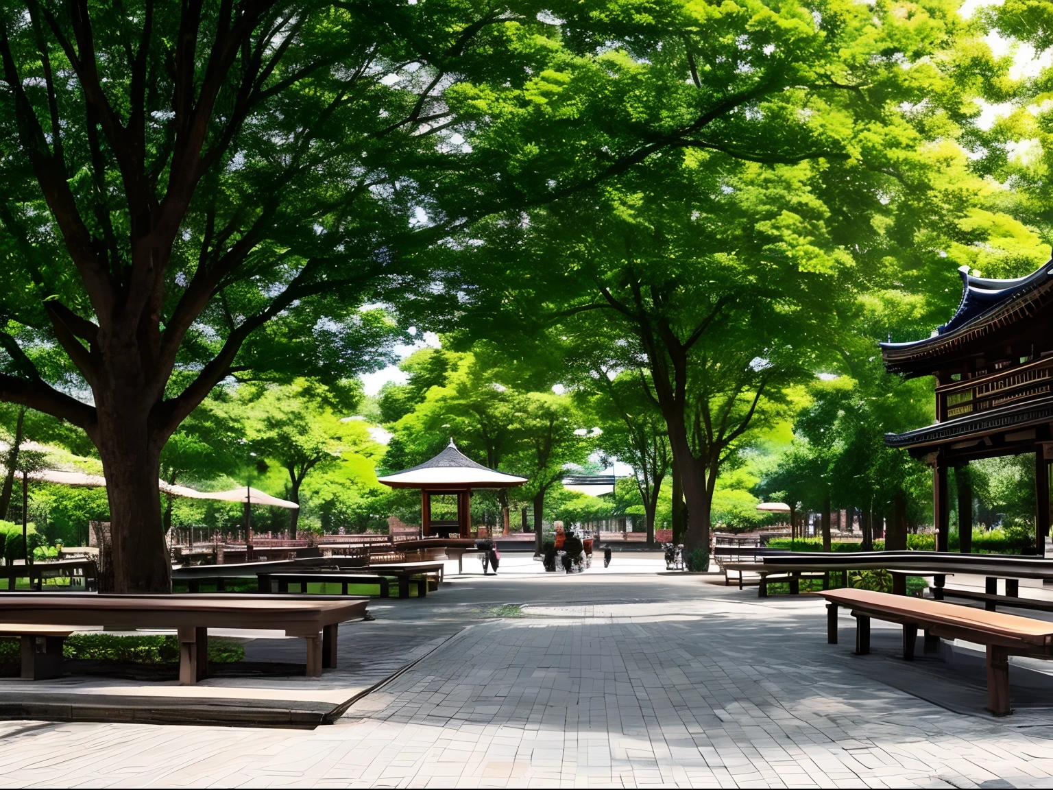 (((Background with、No person)))、The tree、Benches、The fountain、夏天、Woody