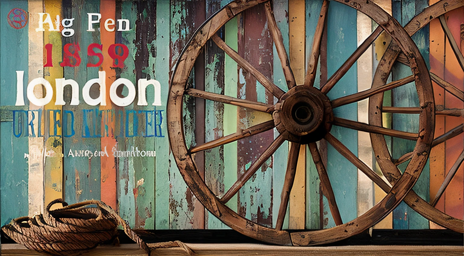 Arafeld wooden carriage wheels sit on shelves next to colorful walls, Western-style salon theme, Wooden, Western background, best on adobe stock, Rustic, Rustic and weathered, Country album cover of the clock, detailled image, wallpaper - 1 0 2 4, cover shot, a wooden log, author:Daniel Geron, Alan Anderson, Hidden, cd cover artwork