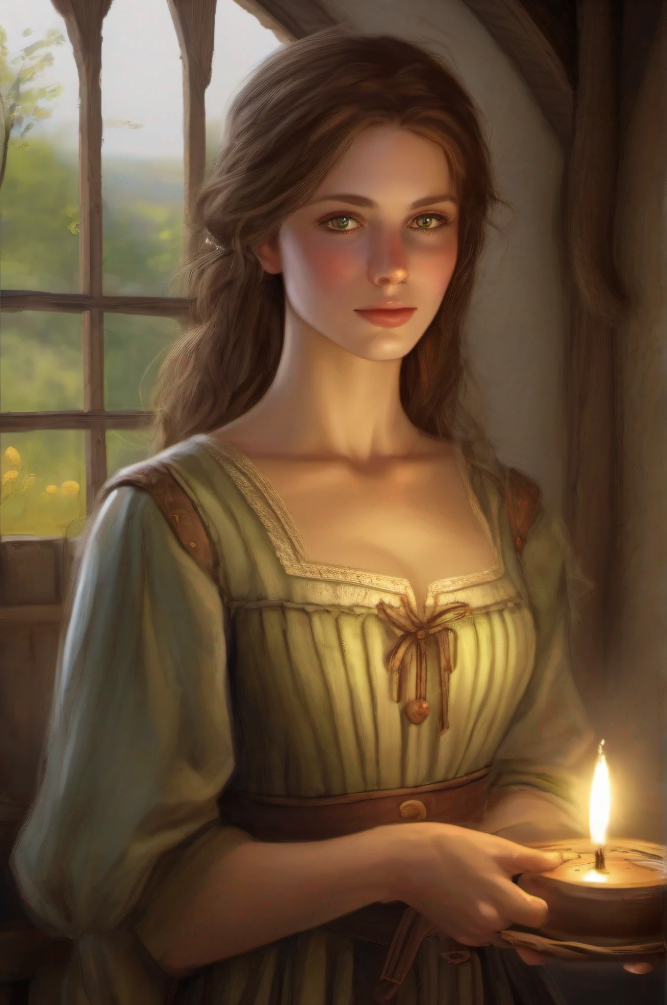 cinematic lighting, portrait shot, Caucasian, brown hair, green eyes, pale skin, Thin, slightly malnourished, B-cup round breasts, Thin body, feminine appearance, soft skin, thin waist, fairly round lips, Small arms, Small shoulders, Somewhat thick thighs, Medium size butt, Weak, medieval, peasant girl, peasant clothing, medieval peasant home, candle light, heavy rain outside.