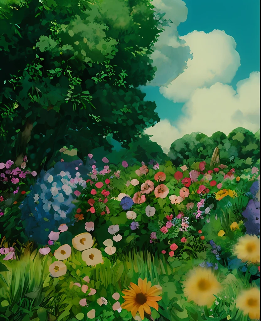 "Ghibli-inspired enchanting masterpiece with abundant flowers and radiant sunshine." Change whole image to Ghibli style, change background, change clothes