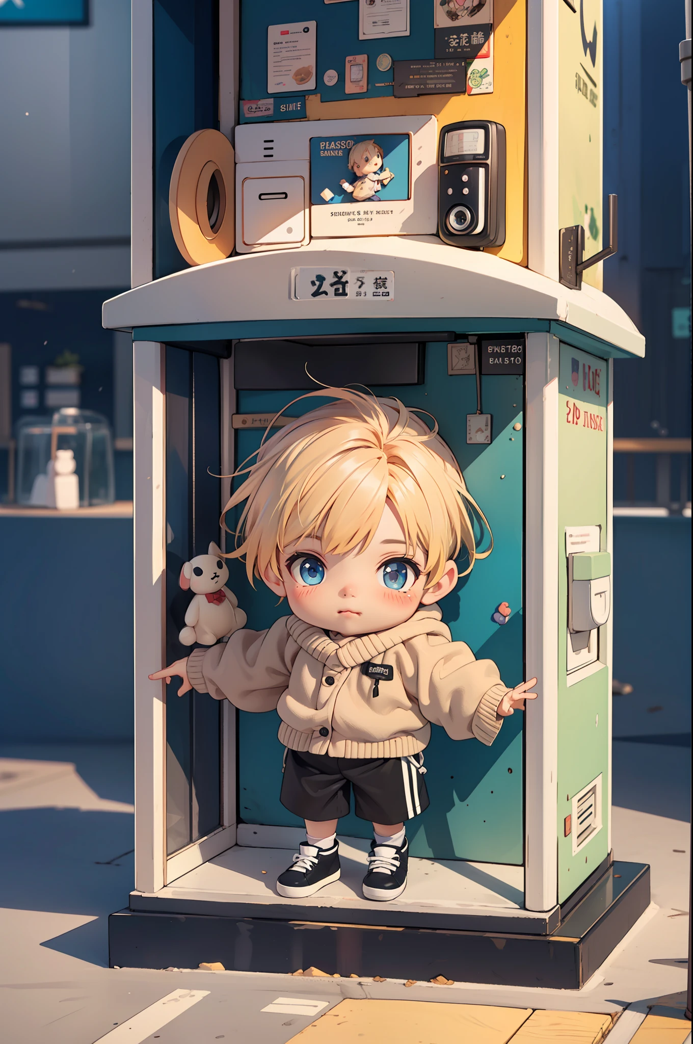 full body, chibi, cute, 1boy, (masterpiece),(best quality),(ultra-detailed), (full body:1.2). A boy inside telephone booth. Warm and cozy, chibi, Cute, 3D, studio lighting, minimal, Depth of field, dribbble, Behance, quasi-object, 16K