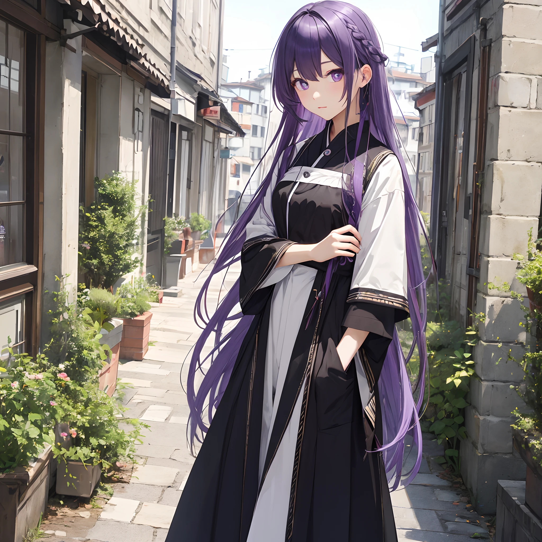 mature,Kizi,Landscape costume。Purple hair and gray pupils,long whitr hair。