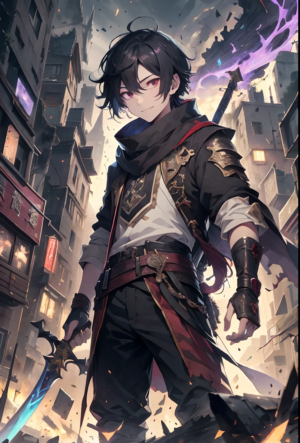 （hoang lap，A high resolution，ultra - detailed）， tmasterpiece， best qualtiy， 独奏， A boy with black hair， Red eyes with a mute smile，Black scarf， A sword behind his back，from below， looking down below， Ruined city， background inside dark， swirles， spark of light