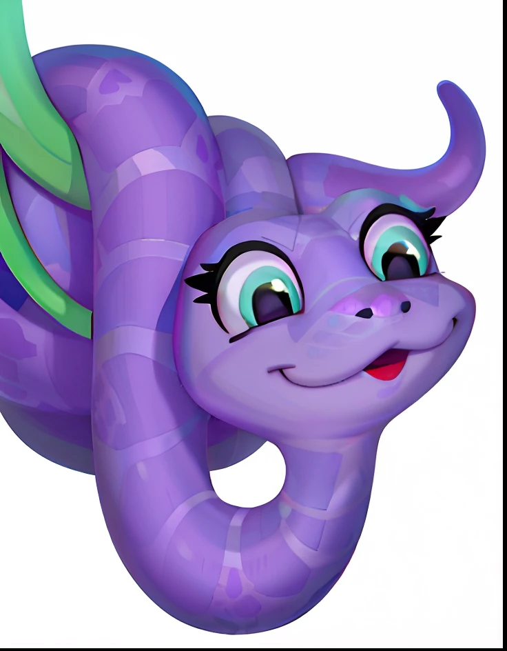 C4D cartoon snake,Purple snake with blue eyes, Very cute snake,Expression smiley face,Hang on a branch, soft delicate draconic features, Cute little snake, high qulity