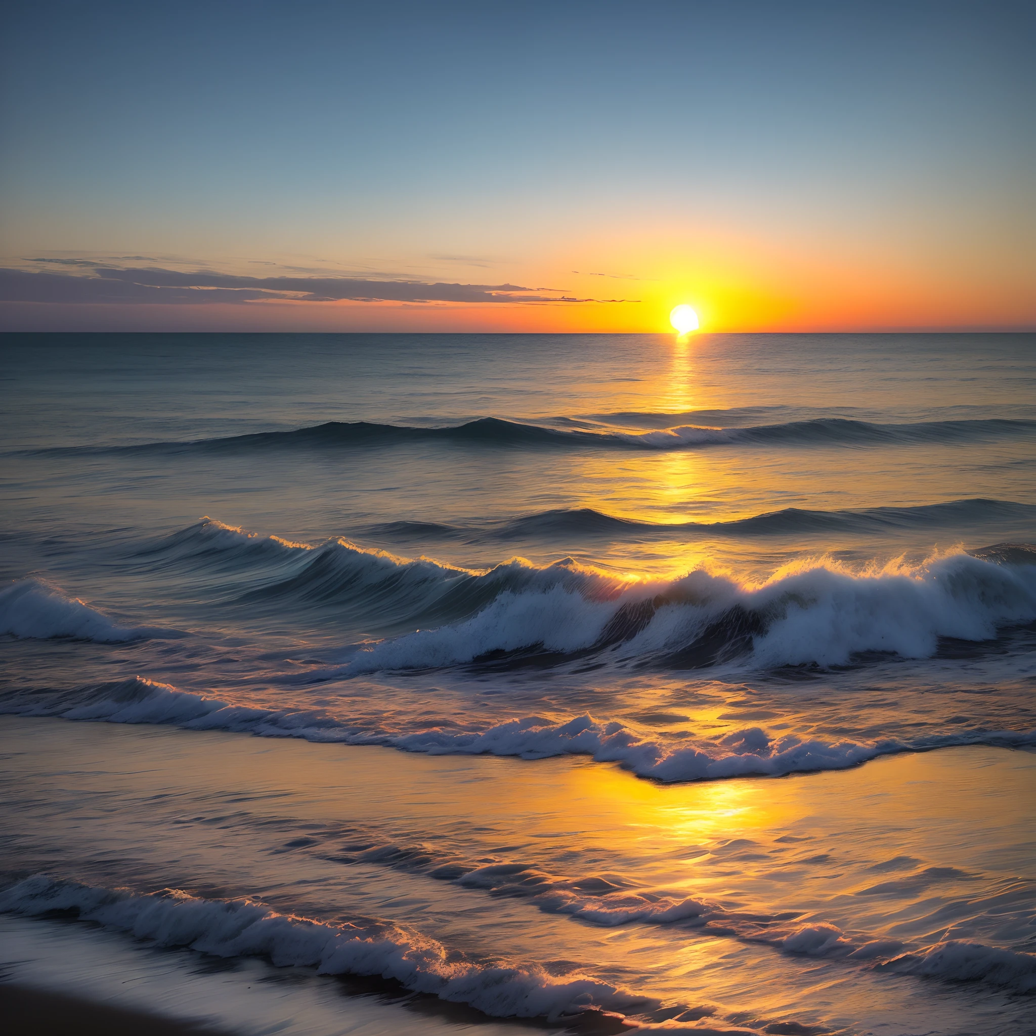 The sea is shining brightly at sunrise