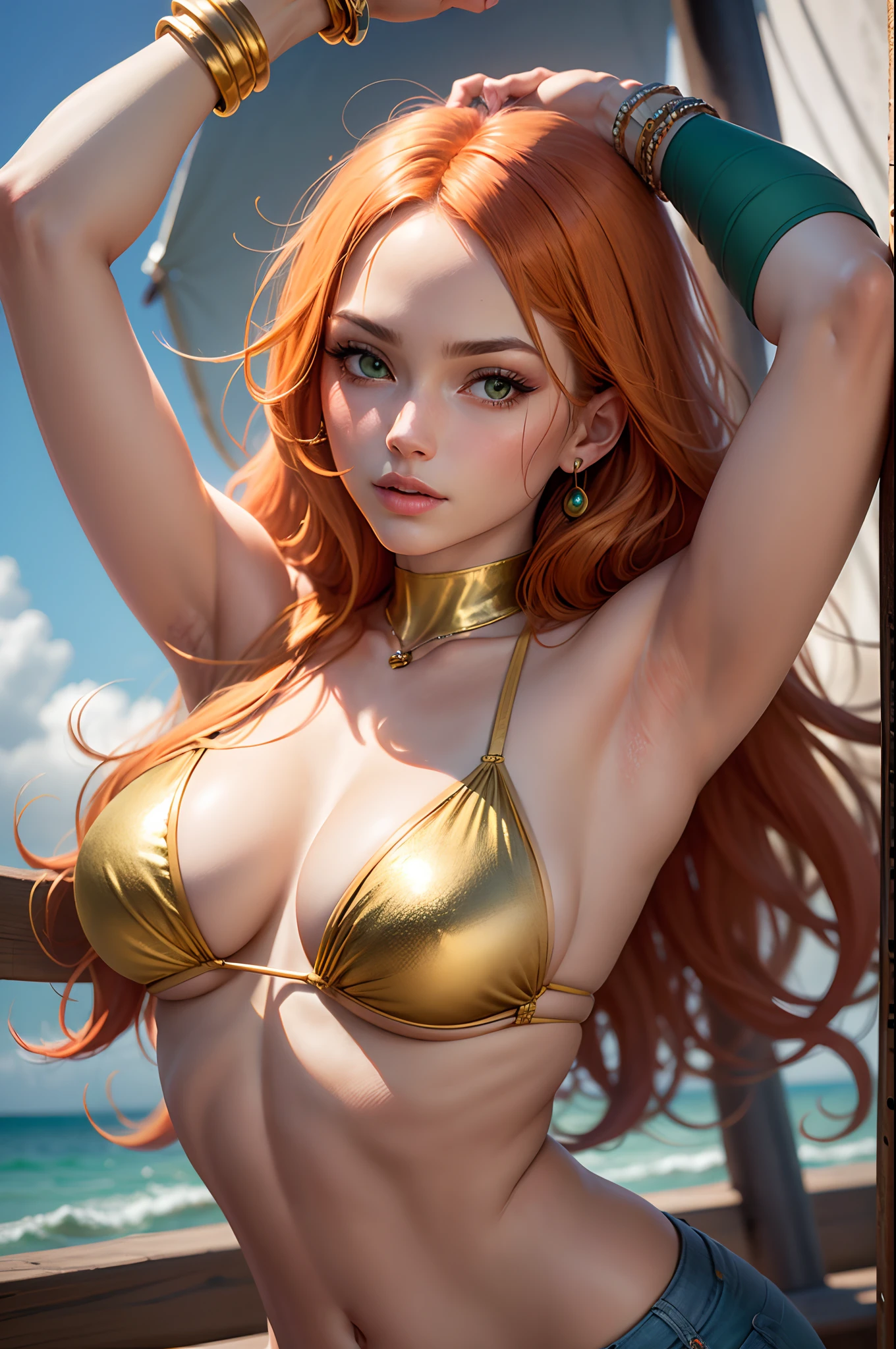 (((masterpiece+best quality+high resolution+ultra-detailed))), 1girl with clima-tact, Nami from One Piece, long silky orange hair, high nose, sharp eyes, noble and inviolable temperament, (([female]: 1.2 + [beauty]: 1.2 + orange long hair: 1.2)), pirate ship background, blue sky, clouds, log pose, gold bracelets, revealing green and white bikini halter top, tight low-rider jeans, shoulder tattoo, bright eyes, dynamic angle and posture.  - --auto --s2