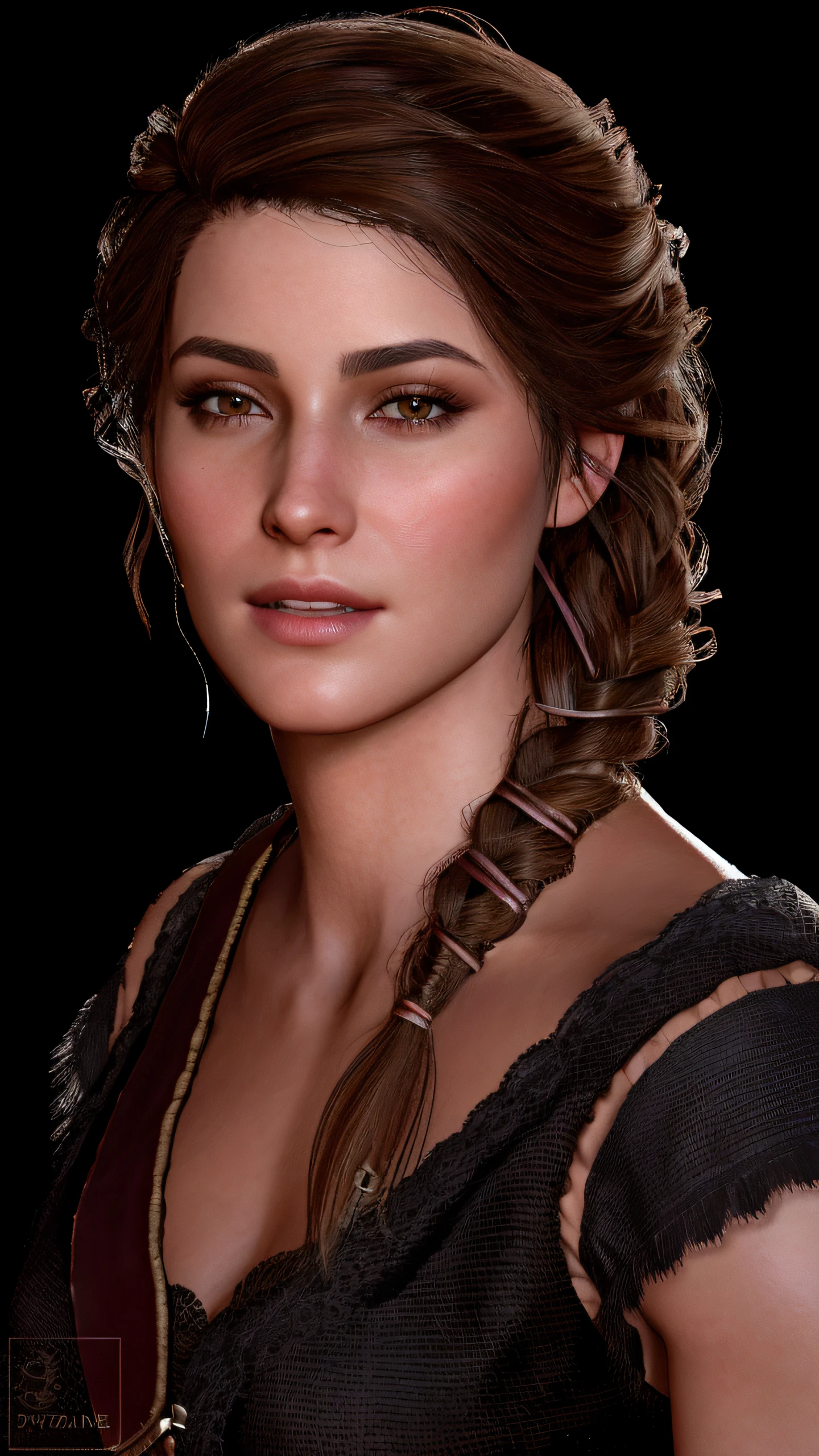 A closeup of a woman with a braid in a black dress, Retrato Ezio Auditore como Feminino, 8k portrait render, protagonista feminina, personagem feminina, Woman with braided brown hair, Personagem close up, closeup retrato de personagem, Yennefer, Cinematic realistic portrait, render de mirabel madrigal, rosto restaurado realista, close-up do personagem