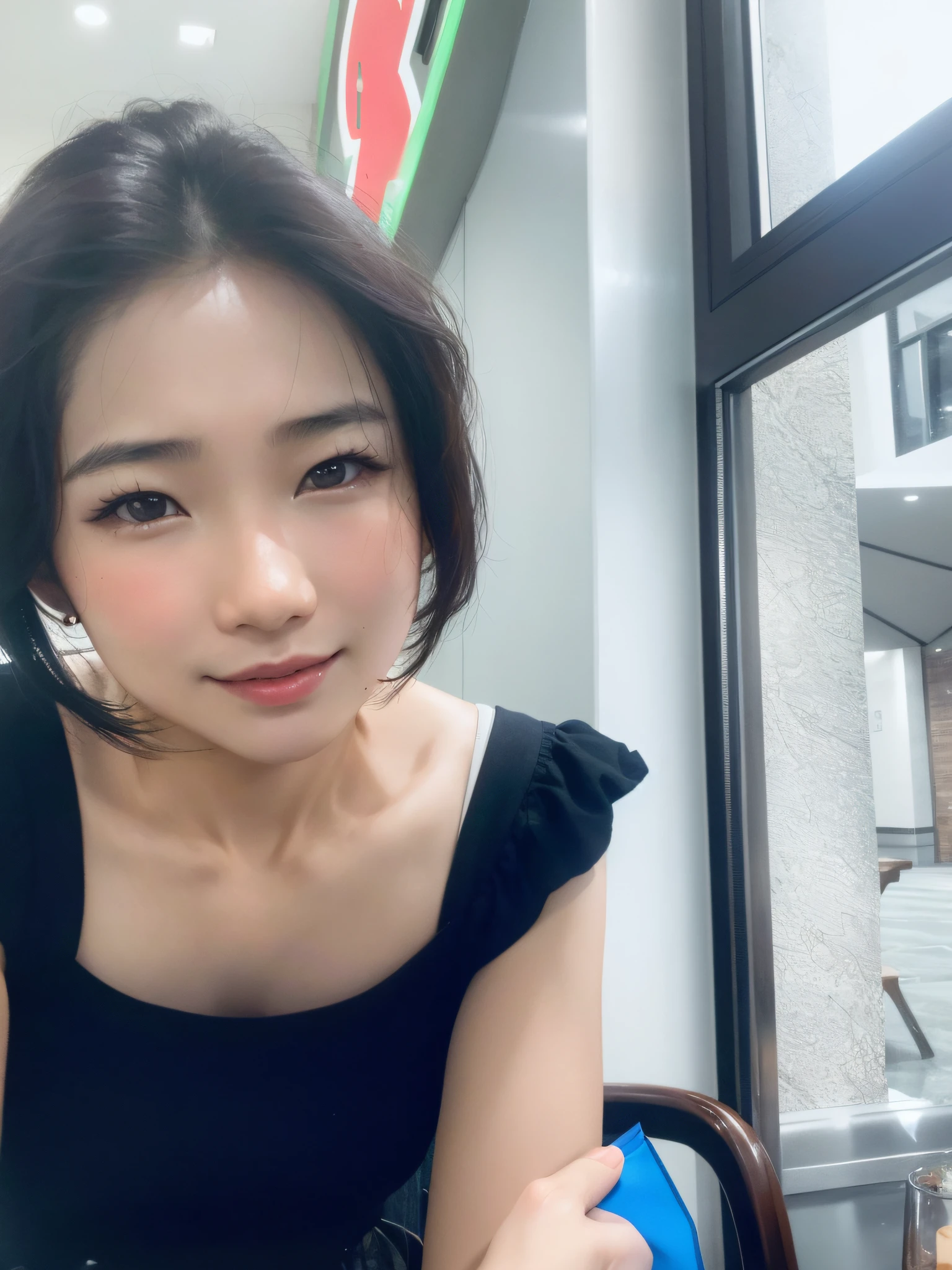 There was a woman sitting at the table，Carrying a plate of food, Face picture, young lovely Korean faces, young cute wan asian face, with short hair, 8k selfie photograph, Choi Hyun-hwa, f / 1. 9 6. 8 1 mm ISO 4 0, clear cute face, selfie of a young woman, A young Asian woman