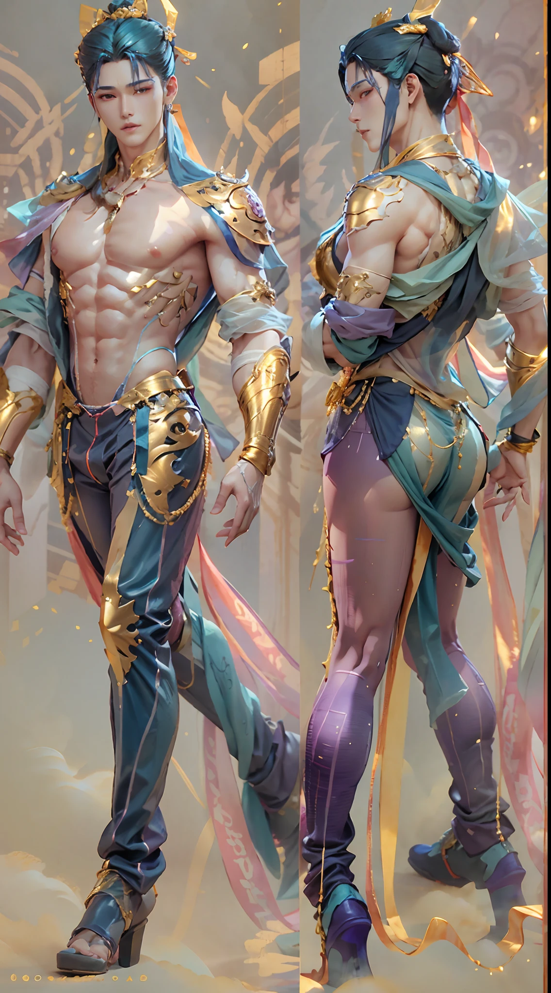 Sculpture design，Figures，GK model，（The whole body of the character），Expose muscles，（sexy for），（Exquisite base），The color of the clothes is gold，blue and violet，Transparent texture，Wu Yifan，Handsome cybernetic boy looking at camera lingerie detailed muscular reality masterpiece，musculous