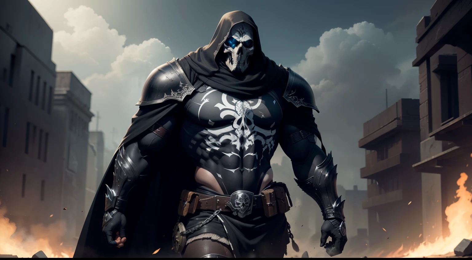 "Imagine an imposing black armor, com detalhes de caveira em seus ombros e peitoral, conveying a sense of power and mystery.”
