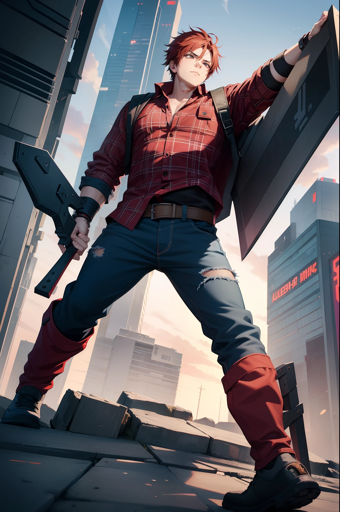 1boy, solo, futuristic, cyberpunk lumberjack, gigantic axes, holding two axes, raising axes, red plaid shirt, anime style, game character, energetic, plain background, anime taste, well drawn, detailed, masterpiece, fine illustration, extremely detailed, 1boy, flat background, full body, standing, detailed face and eyes