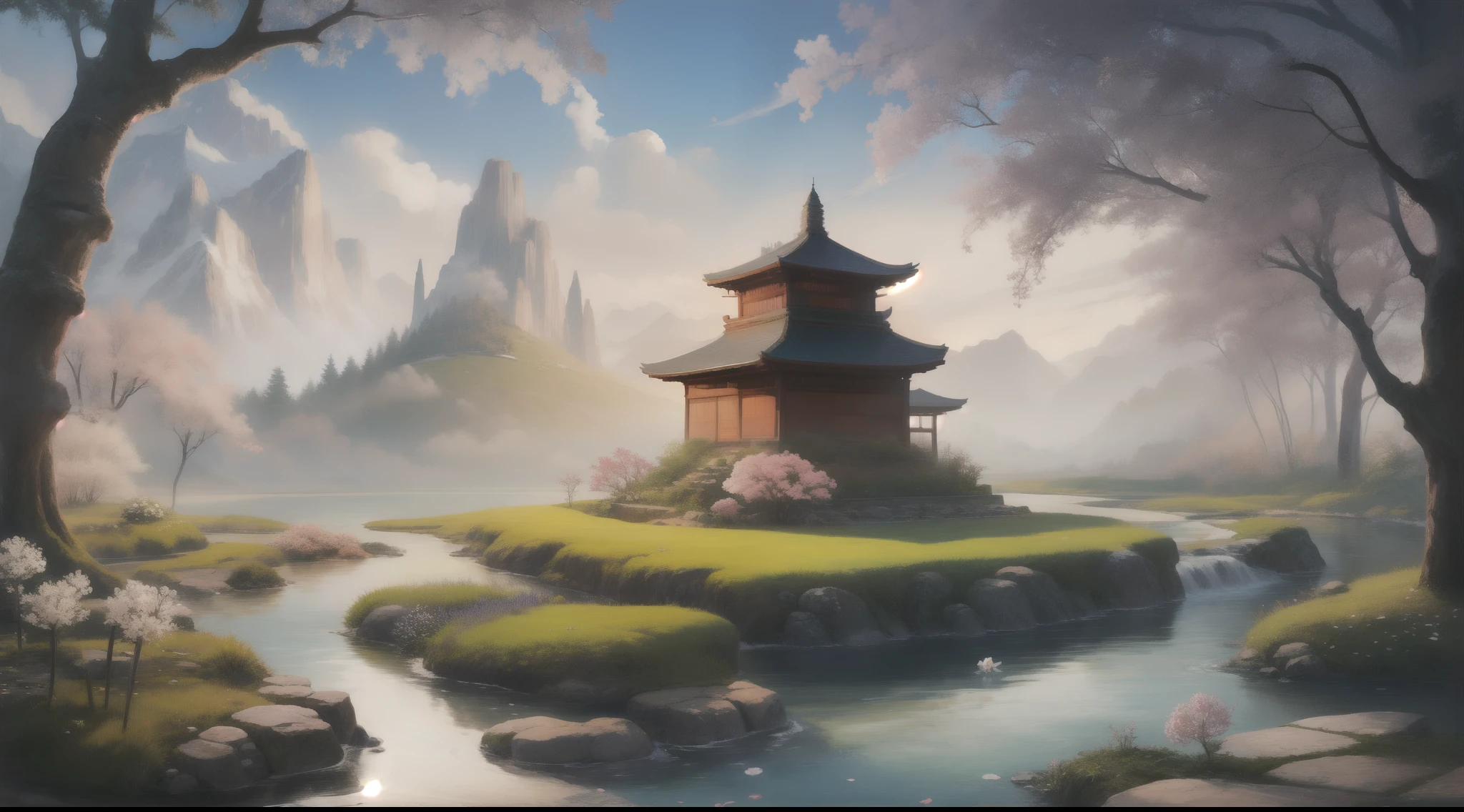 Landscape idyll,Plant flowers and bamboo,Surrounded by Lin Quan,Flowers,Outside,Hide in the mountains,small bridge flowing water,Bamboo hut,Forest lakes,idyllic scenery