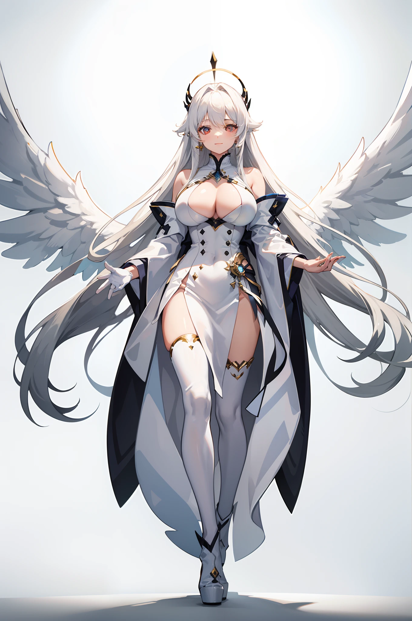 long white robe, White color hair, White gloves, white long boots, (((Four pairs of huge white wings))), white backgrounid, White hair, ahoge, Long hair, hair between eye, Very long hair, Shiny hair, hair splayed out, Absurdly long hair, huge ahoge, Halo, clover hair ornament, red color eyes,Crystal earrings, Light smile, High detail, anime big breast, Minimalism, Anime style, Verism, Chiaroscuro, Depth of field, Cinematic lighting, Ray tracing, shadowing, Vignetting, hyper HD, Masterpiece, ccurate, Anatomically correct, Textured skin, Super detail, High details, High quality, Award-Awarded, Best quality, A high resolution, 16k,Full body like,Standing painting