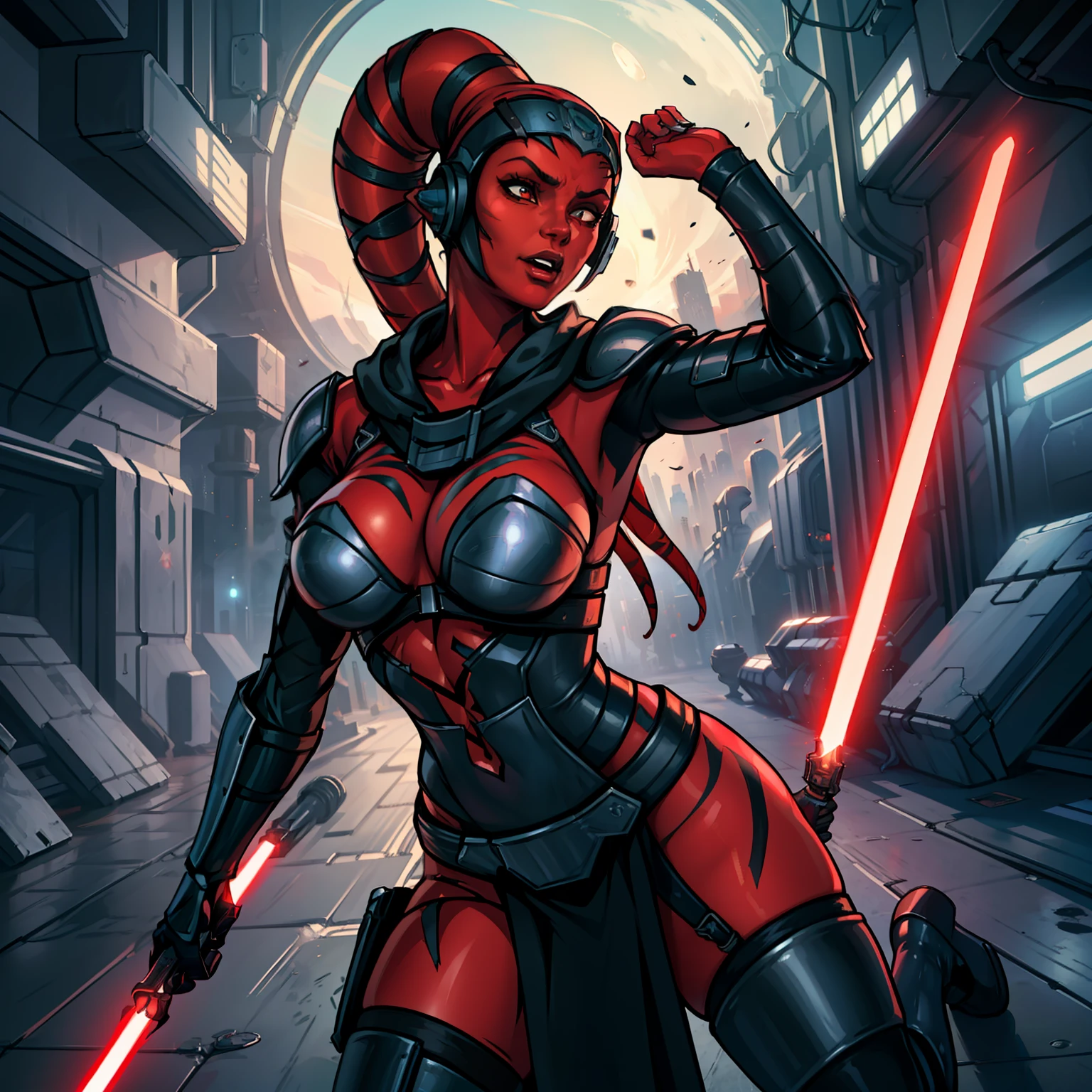running, raised fist, violence, leaping, sword fighting, lasers, explosions, action scene, fighting, masterpiece, best quality, high-definition, armor, busty, ((red skin), twi'lek), dual red lightsabers, evil space knight, space ninja, (wearing black robes, black stealth armor, breastplate, tunic, tabard, cowl, cloak, body glove, straps, buckles, skirts, long sleeves, fantasy, ((armor))), ((busty), slender body, thin, slim sexy body, slim waist), Imperial starship, Star Wars, futuristic city, warzone