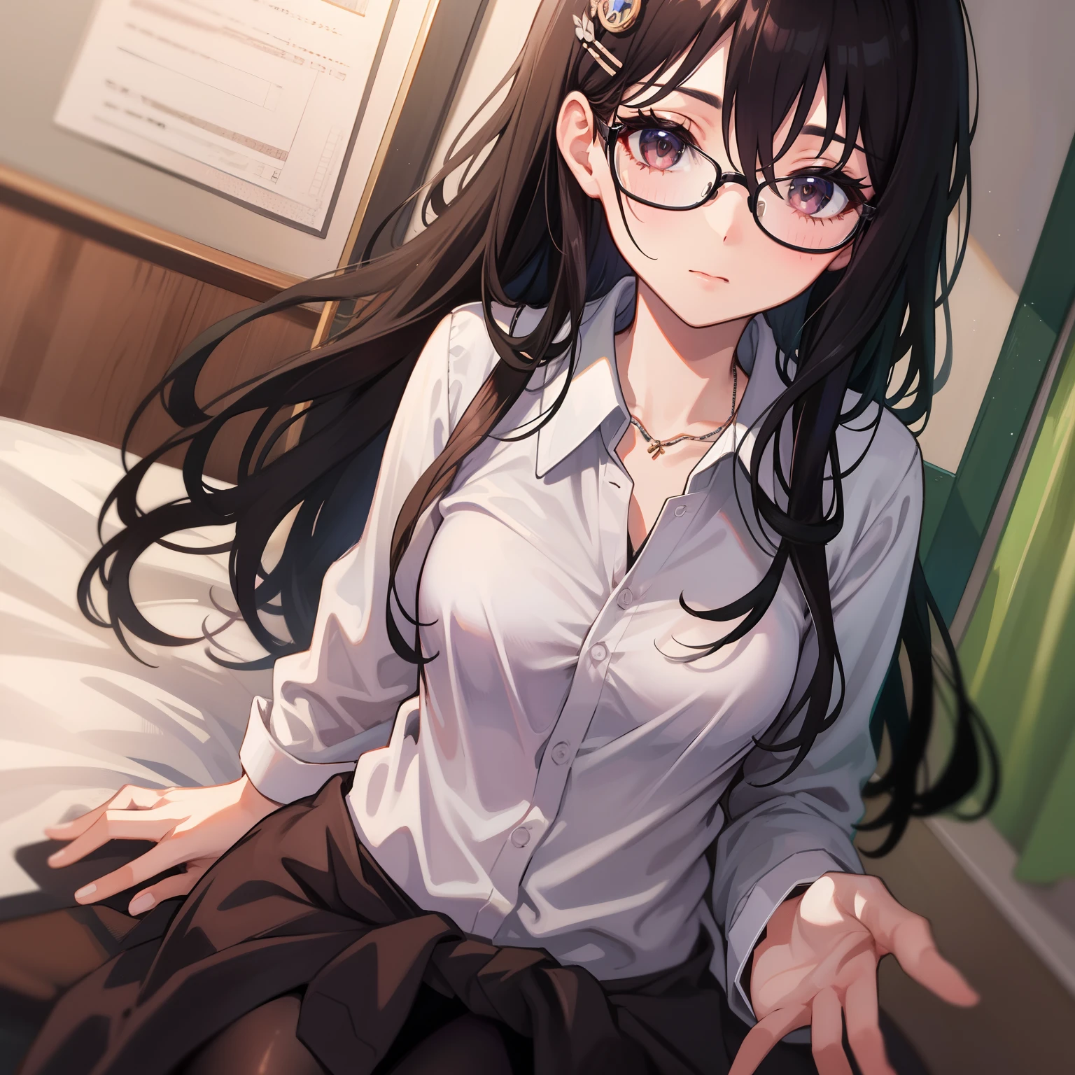 (name), ((best quality)), (super detail), 1 girl, black hair longhair, black-rimmed glasses, [detail background (bedroom), hands between legs, hair between eyes, brown eyes, hair ornament, chest, school uniform, collared shirt, hairsh, clothes around the waist, bangs, black socks, black vest, long hair, long sleeves, cardigan, side lock, knee-high, dress shirt, necklace, collarbone, black dress, jewelry, sweater,black transparent pantyhose, bangs, small breasts, perfect hands, hand detail, fixed fingers, looking_al_Viewer, top quality, rich detail, perfect image quality,