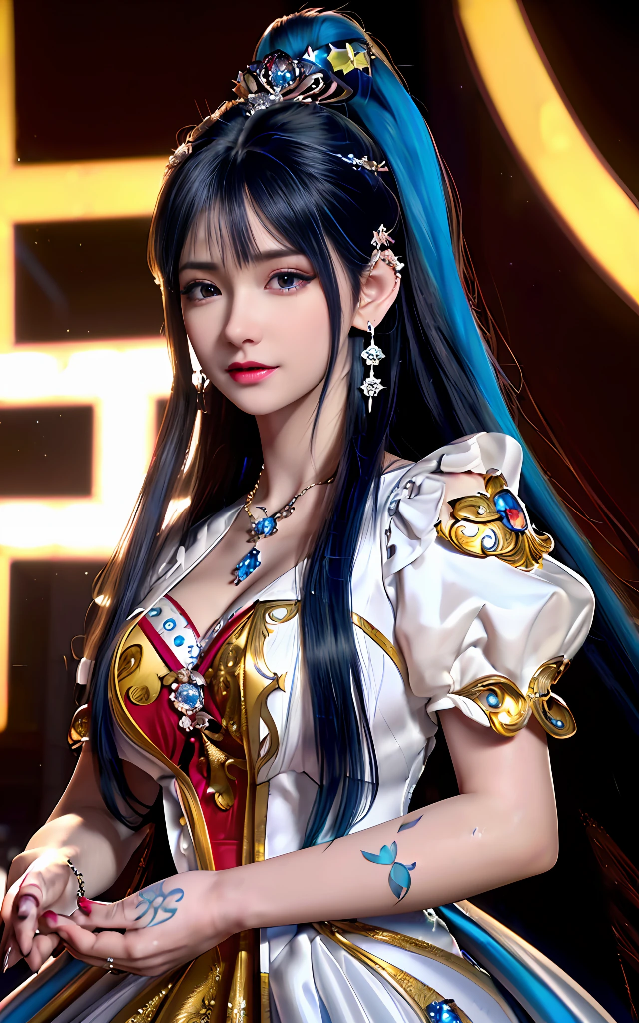((realisticity: 1.2)), ((realistic: 8K UHD)), ((best resolution: 8K UHD)), hyper detailed, best quality,masterpiece,highres,cg, ((1 girl hyper detailed and hyper realistic) ) , ((beautiful queen, hyper realistic and hyper detailed)),((white skin, beautiful, smooth, youthful, hyper realistic and hyper detailed )), ((Face hyper beautiful, white, hyper realistic and hyper detailed ) ), long hair, ((hyper realistic and hyper detailed dress)), solo, ((hyper realistic, hyper beautiful, beautiful and hyper detailed jewelry)), ((hyper beautiful deep red and golden yellow dress, hyper realistic and hyper detailed )) , ((Her pretty, hyper realistic, hyper detailed diamond filled earrings)), ((Her gorgeous diamond haircut, hyper realistic and hyper detailed)), ((hyper pretty upper body, hyper beautiful, hyper realistic and hyper detailed) ), ((medium breast: 1.5)), ((hyper realistic, hyper pretty, hyper detailed boobs)), ((the backgroun of the royal palace is hyper majestic, hyper realistic and hyper detailed)),((hands and palms hyper beautiful, hyper detailed, hyper realistic)), ((hyper pretty, hyper pretty, hyper realistic and hyper detailed hair bun)), ((hyper pretty , hyper realistic and hyper detailed blue hair)), candid, Photo, high resolution, 8k , bokeh,