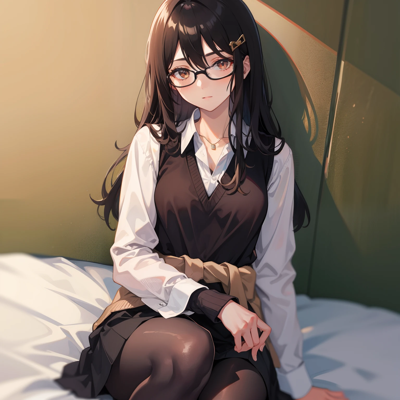 (name), ((best quality)), (super detail), 1 girl, black hair longhair, black-rimmed glasses, [detail background (bedroom), hands between legs, hair between eyes, brown eyes, hair ornament, chest, school uniform, collared shirt, hairsh, clothes around the waist, bangs, black socks, black vest, long hair, long sleeves, cardigan, side lock, knee-high, dress shirt, necklace, collarbone, black dress, jewelry, sweater,black transparent pantyhose, bangs, small breasts, perfect hands, hand detail, fixed fingers, looking_al_Viewer, top quality, rich detail, perfect image quality,