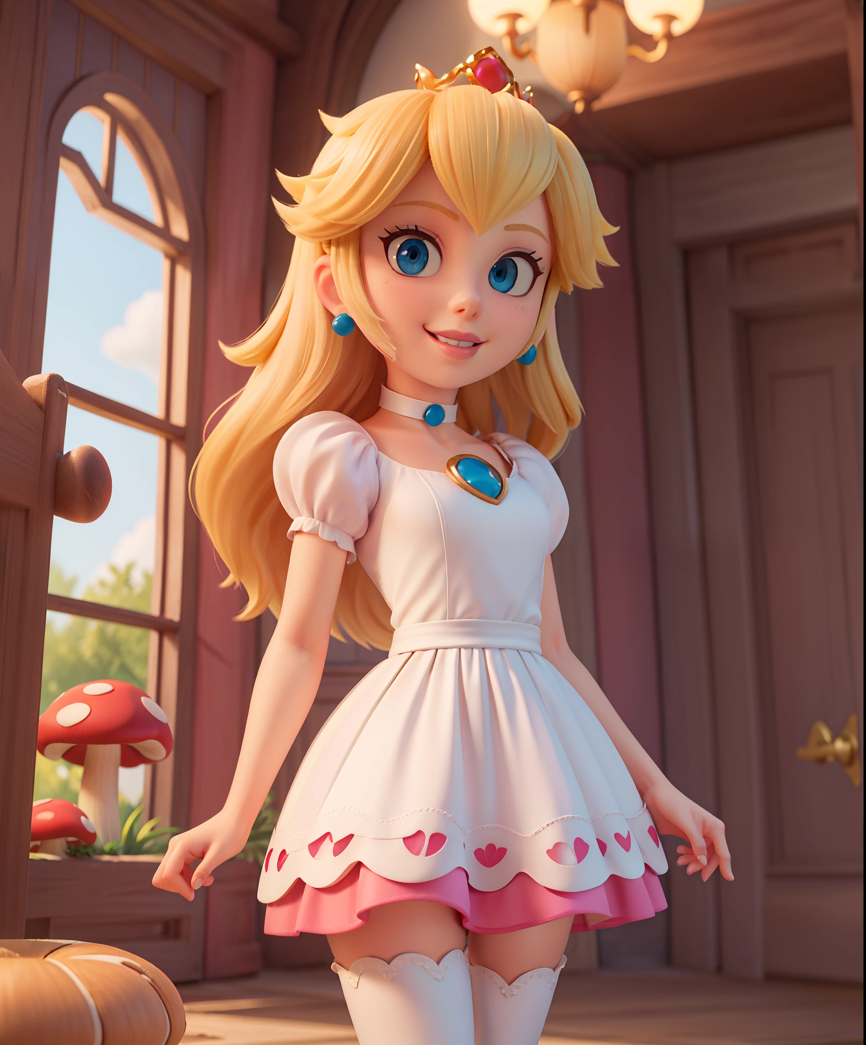 highres,masterpiece,perfect ligthing,bloom,cinematic lighting,adult,perfect skin,female,cowboy shot,smile,narrow waist,skinny,(PrincessPeach),choker,detailled eyes,blue eyes,choker,sensual,mushrooms,mushroom kingdom,pink lips,((glossy lips)),pursed lips,pink pumps,glossy skin,oily skin,beautiful light,(day:1.3),bright,looking at viewer,white dress,