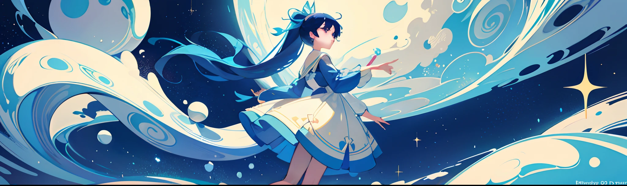 ((tmasterpiece)), ((ultra - detailed)), ((best qualtiy)), 美丽细致的眼睛, 详细的脸, The best lighting, The best shadow, 1girll,Long hair with white double ponytail,独奏, ((Classic Disney style, edge lit, Flat 2D style, Disney 2D)), ((The main colors are white and blue)), Huge bubbles, (The girl inside the bubble:1.5), Bubble Island, Bubbleland, A world made of bubbles, freckle, Cold nose, (((Buble))), Marbles, European and American cartoon inspiration, (highly detailed), Whirlpool effect,