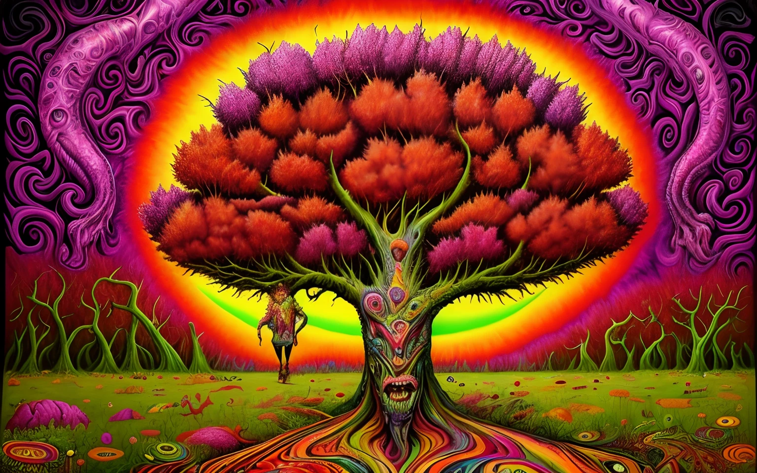 painting of a colorful painting of a tree with a monster and a man, psychedelic surreal art, lowbrow surrealistic, psytrance artwork, hallucinatory art, shamanic horror lsd art, psychedelic acid trip, psychedelic cosmic horror, psychedelic trip, psychedelic artwork, android jones and chris dyer, hypersurreal, dmt art, chris dyer, shamanic dmt horror art