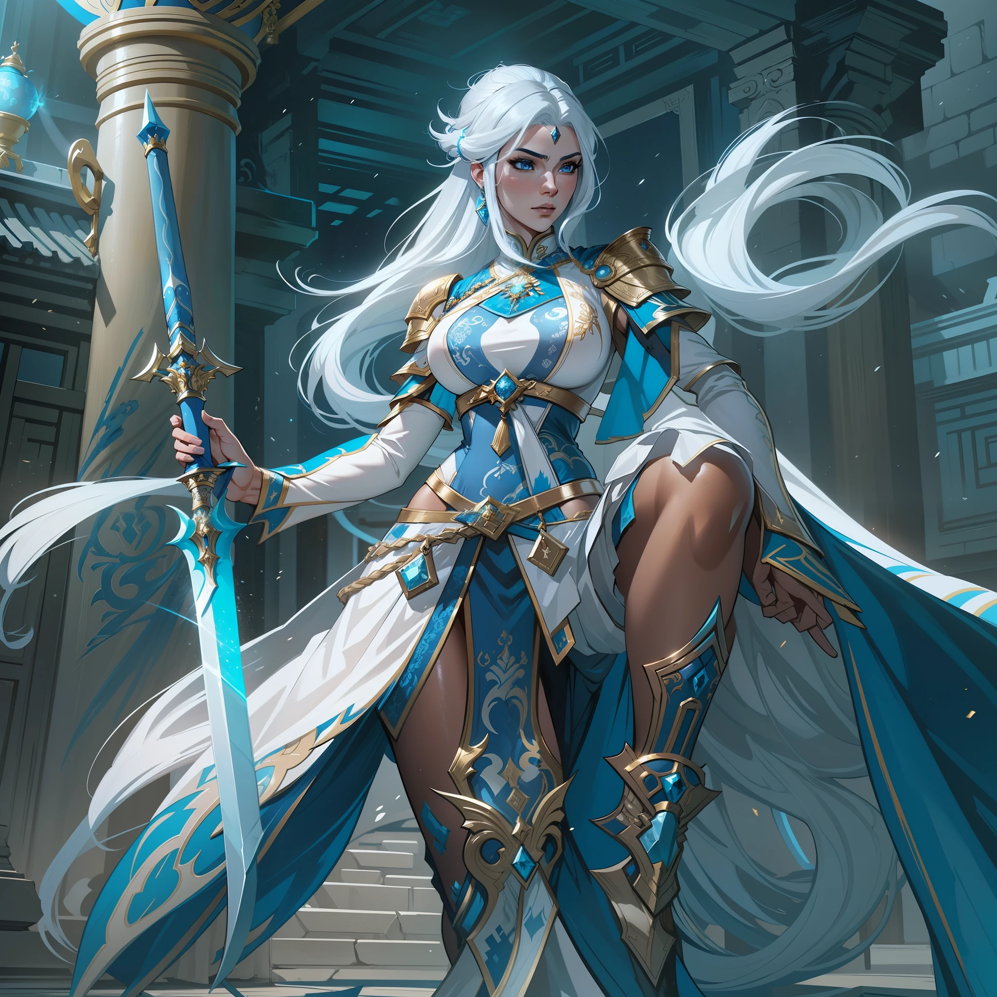 a close up of a strong amazon woman in her 30's, with blue eyes and white hair, wearing a blue and white layered ballgown dress, a heroine with blue eyes, female swordswoman with ice power, middle-eastern princess, standing in a chinese temple, new costume concept design, in the style of blade and soul, full body character concept, detailed character design, lunar themed attire, costume with blue accents, colored concept art, highly detailed character design, highly detailed face, very highly detailed face, unreal engine render, final fantasy 14 style