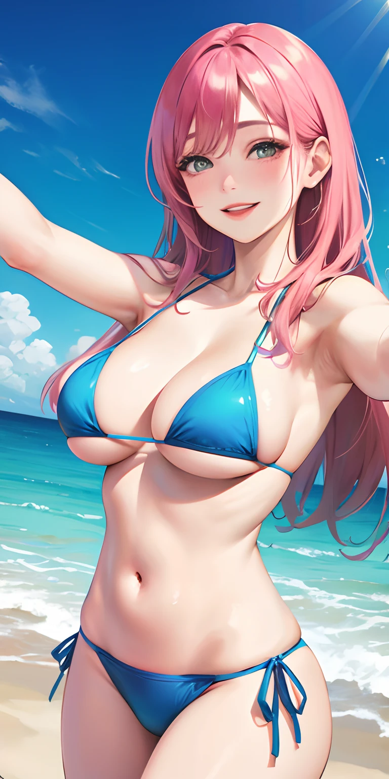 Realistic, single girl selfie, wearing bikini, big breasts, smiling face