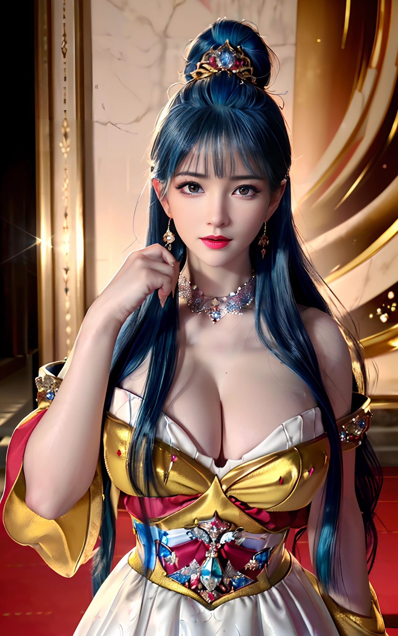 ((realisticity: 1.2)), ((realistic: 8K UHD)), ((best resolution: 8K UHD)), hyper detailed, best quality,masterpiece,highres,cg, ((1 girl hyper detailed and hyper realistic) ) , ((beautiful queen, hyper realistic and hyper detailed)),((white skin, beautiful, smooth, youthful, hyper realistic and hyper detailed )), ((Face hyper beautiful, white, hyper realistic and hyper detailed ) ), long hair, ((hyper realistic and hyper detailed dress)), solo, ((hyper realistic, hyper beautiful, beautiful and hyper detailed jewelry)), ((hyper beautiful deep red and golden yellow dress, hyper realistic and hyper detailed )) , ((Her pretty, hyper realistic, hyper detailed diamond filled earrings)), ((Her gorgeous diamond haircut, hyper realistic and hyper detailed)), ((hyper pretty upper body, hyper beautiful, hyper realistic and hyper detailed) ), ((medium breast: 1.5)), ((hyper realistic, hyper pretty, hyper detailed boobs)),   ((the backgroun of the royal palace is hyper majestic, hyper realistic and hyper detailed)),((hands and palms hyper beautiful, hyper detailed, hyper realistic)), ((hyper pretty, hyper pretty, hyper realistic and hyper detailed hair bun)), ((hyper pretty , hyper realistic and hyper detailed blue hair)), candid, Photo, high resolution, 8k , bokeh,