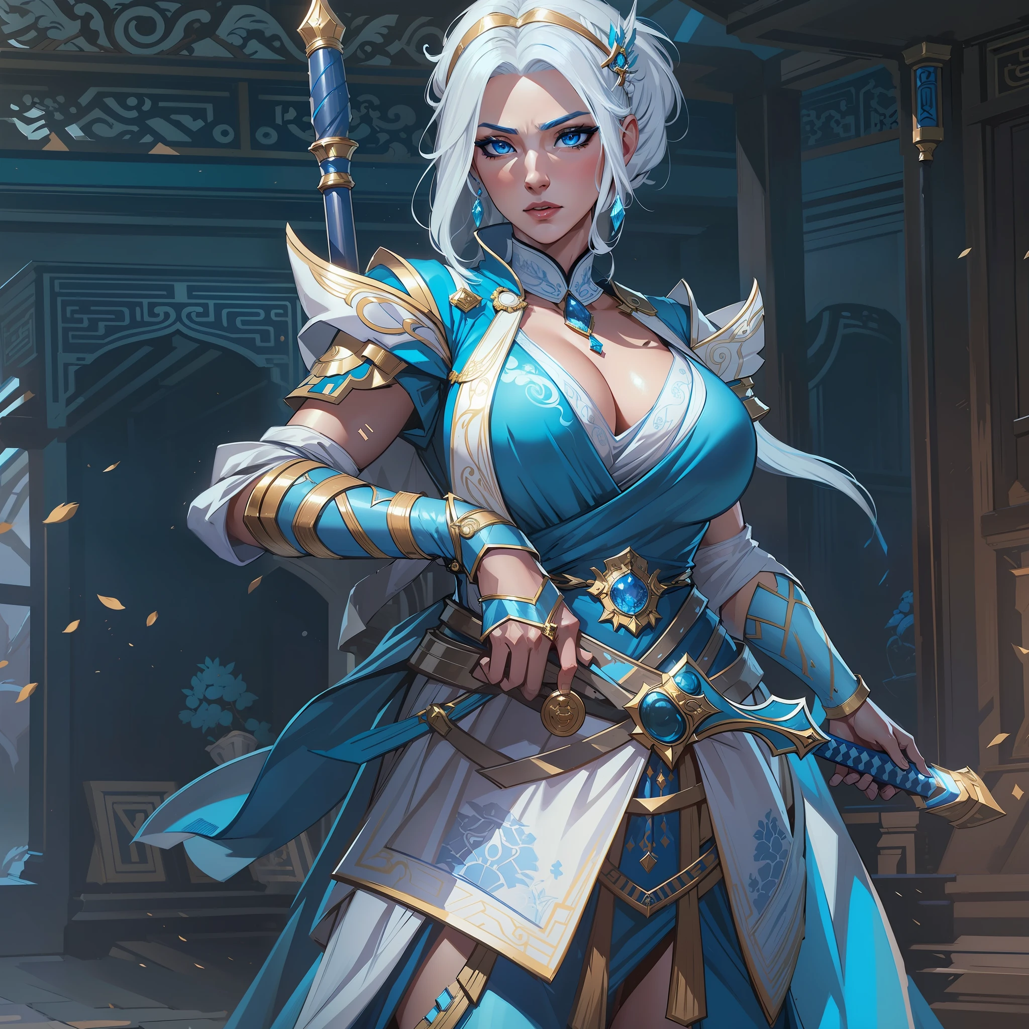 a close up of a strong amazon woman in her 30's, with blue eyes and white hair, wearing a blue and white layered ballgown dress, a heroine with blue eyes, female swordswoman with ice power, middle-eastern princess, standing in a chinese temple, new costume concept design, in the style of blade and soul, full body character concept, detailed character design, lunar themed attire, costume with blue accents, colored concept art, highly detailed character design, highly detailed face, very highly detailed face, unreal engine render, final fantasy 14 style