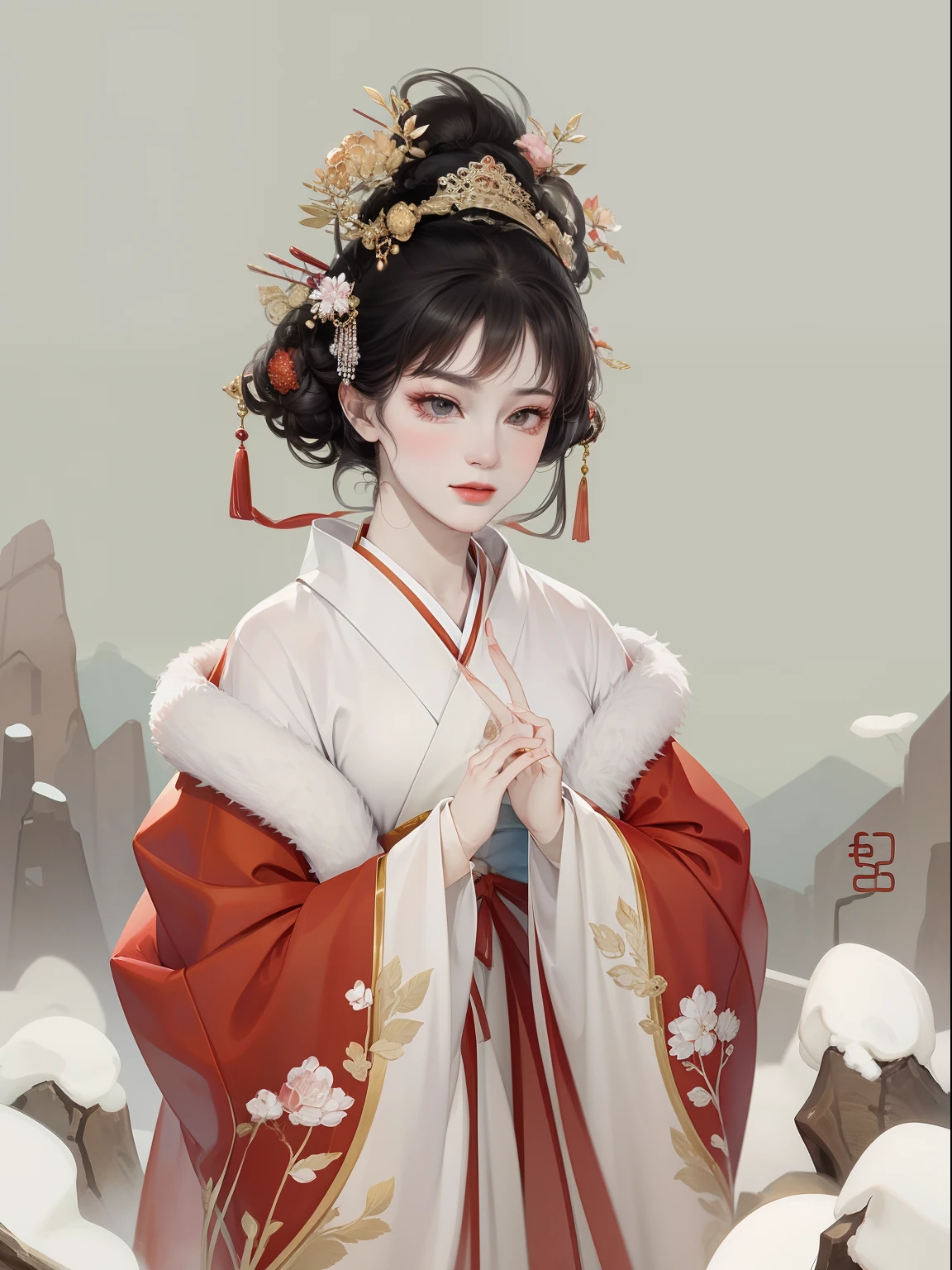 snow landscape，clubs，Ancient wind，A beautiful girl in ancient China，The facial features are delicate and fair，Cool temperament，Red clothes，Black hair coiled into a bun，Wears a gold coat on his head，Chinese Song Dynasty clothing，red hanfu dress，Clear face，ultraclear，tmasterpiece，ultra - detailed，high qulity，HighestQuali，The main color is red，Background simple elements。Invisible hands，No hands。