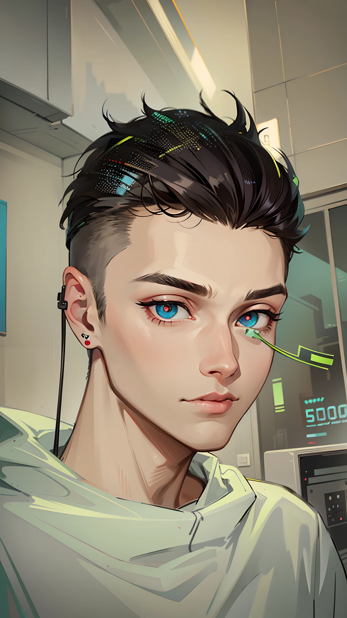 1 man，cyber punk perssonage，The eyes are sharp，The face does not change，Stylish headphones，