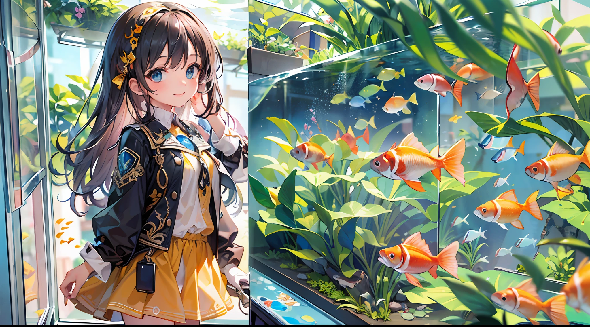 Masterpiece, top quality, super detailed CG, intricate details:1.5), 8k wallpapers, elaborate features,
(1 person, solo:1.4), perfect cartoon illustration, 1 girl, cute face, smile, aquarium, fish tank, full body illustration