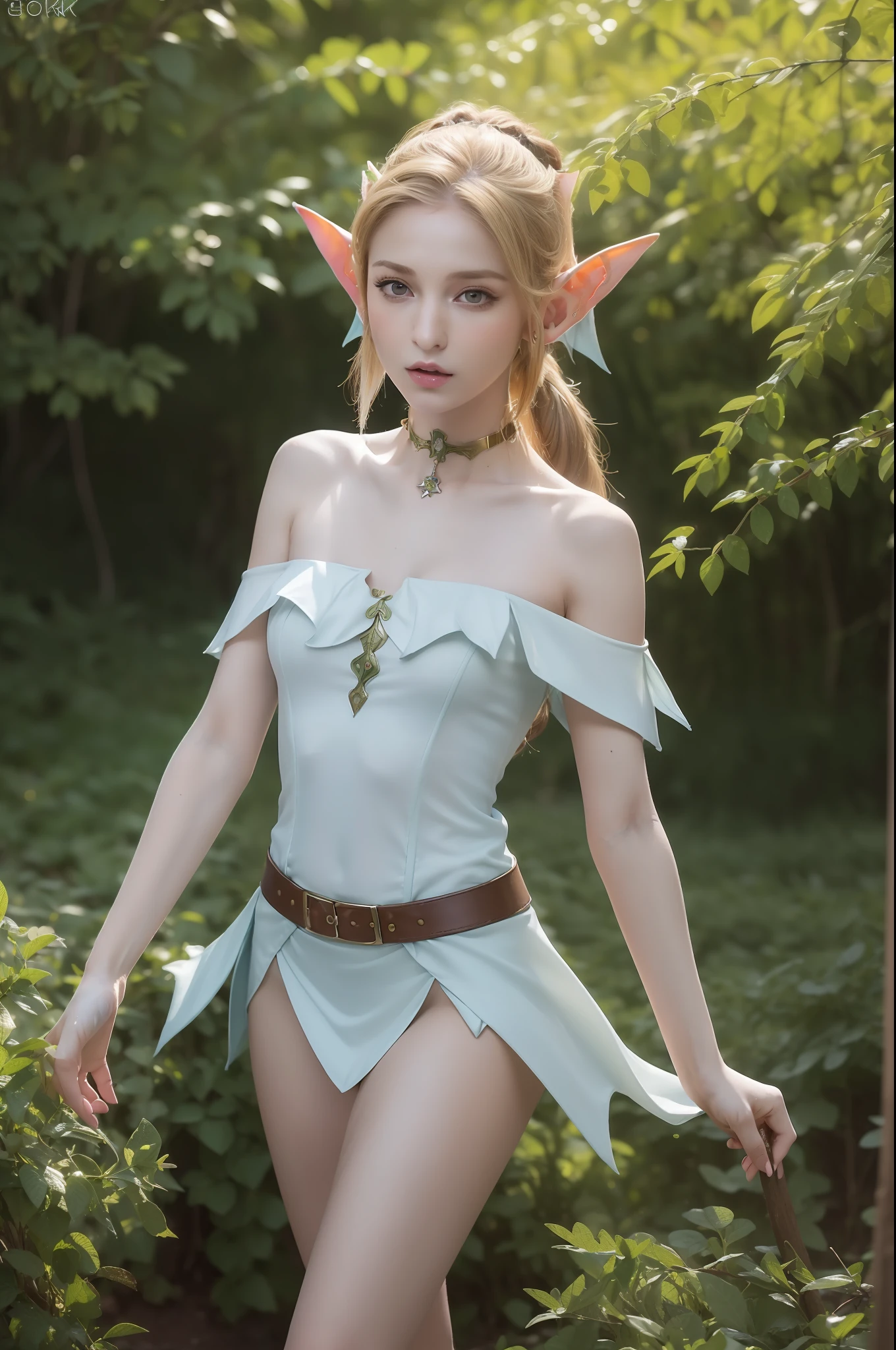 (photorealistic:1.4), ((Best quality, 8k, Masterpiece :1.3)), raw photo, 1girl, Pretty girl with slender body, (random hairstyles), (elf ears:1.4), fairy costume, off shoulder, slender, thin legs, Ultra-detailed face, (full body:1.3), wide angle, dynamic angle, cinematic angle, Detailed eyes, (natural hand), ((Natural eyes and mouth)), choker necklace, Armlet, earrings