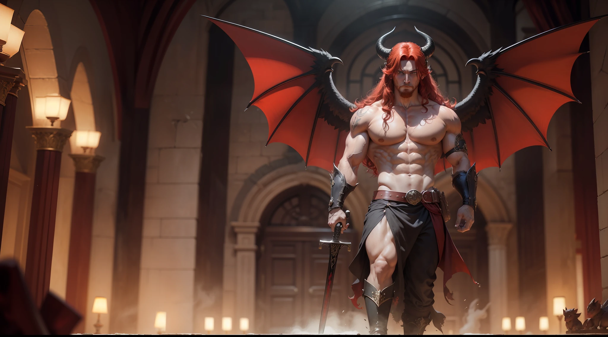 Red-haired devil，
Works of masters，8K分辨率，depth of fields，Faraway view，Full body shot，Full Body Photo，demon king，Magic Horn，redheadwear，Loose hair，Strong，Burly，Shirtless，black fluff，Great Demon Wings，Holding a huge sword，borgar，big hall，Cold