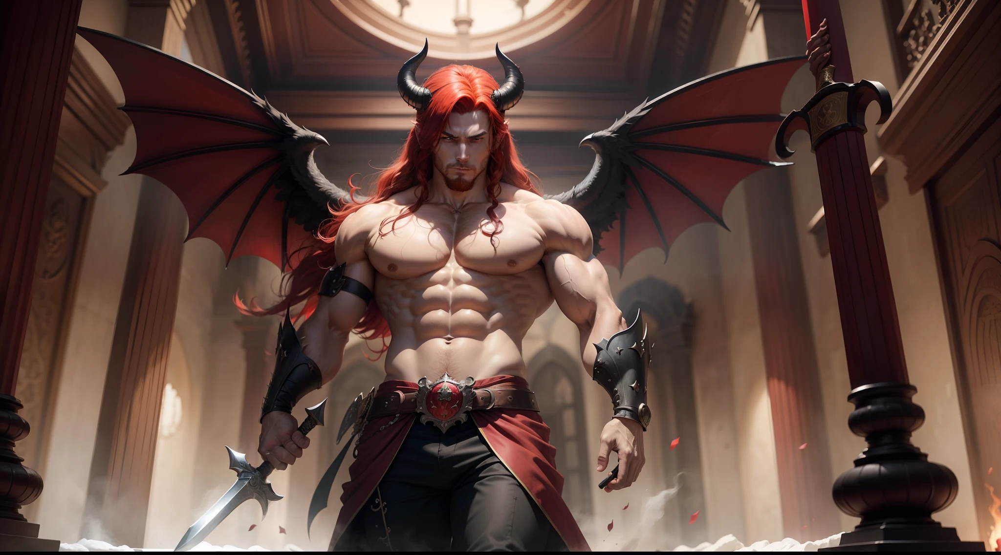 Red-haired devil,
Works of masters,8K分辨率,depth of fields,Faraway view,Full body shot,Full Body Photo,demon king,Magic Horn,redheadwear,Loose hair,Strong,Burly,Shirtless,black fluff,Great Demon Wings,Holding a huge sword,borgar,big hall,Cold