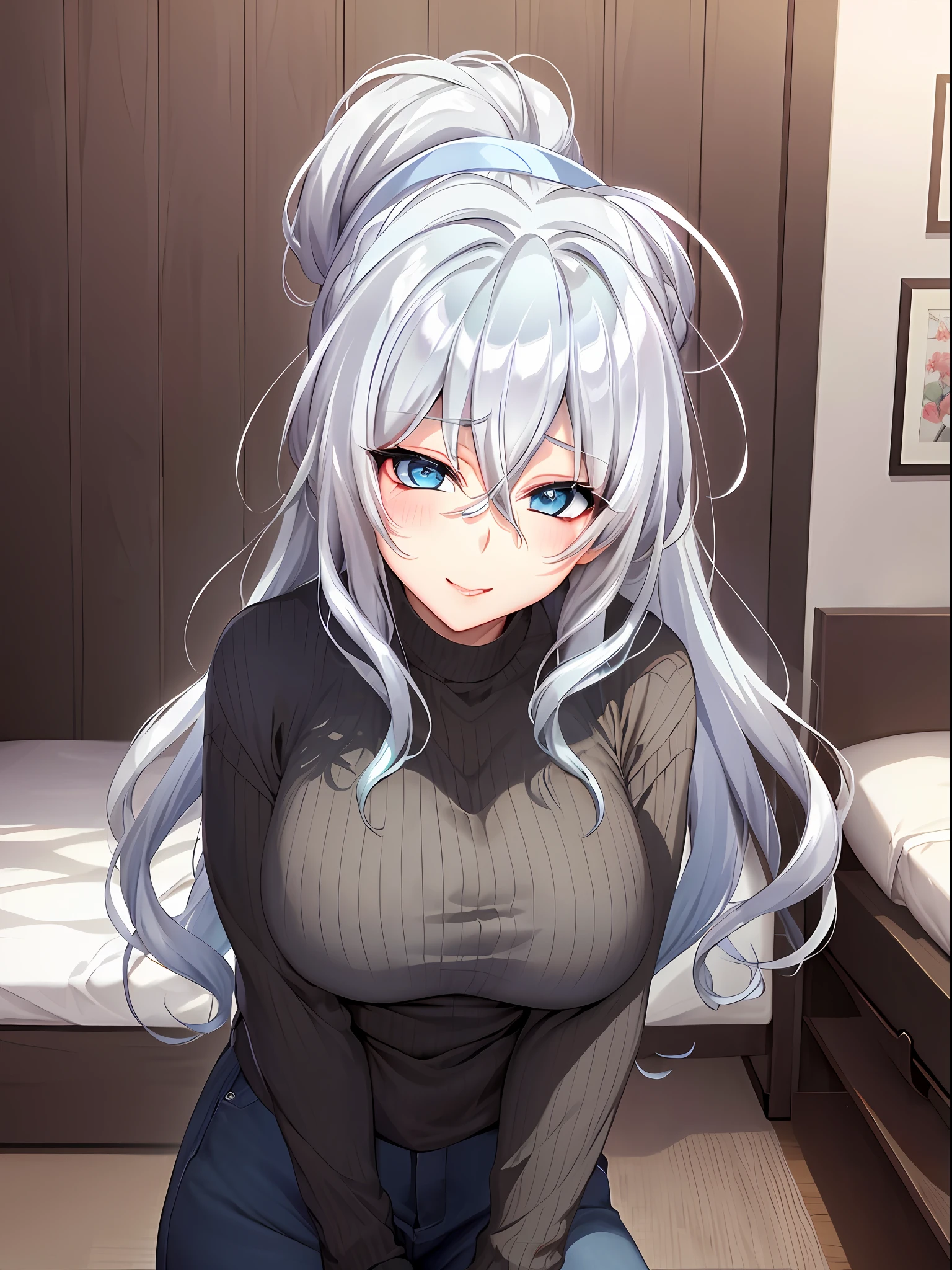 Best quality, 8k, in bed, silver hair, black shirt and no bra, anime visual of a cute girl, cute expressive face, still from anime, big breast, lustful face