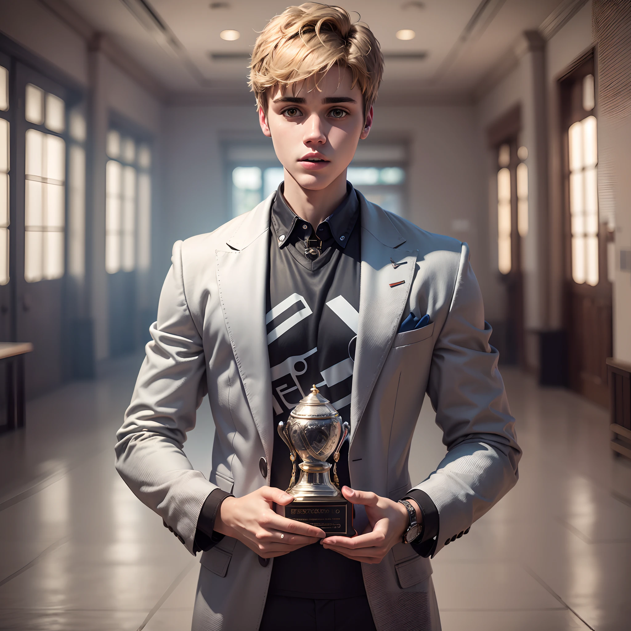 Close-up of a person holding a trophy in a room, Justin Bieber, Portrait of Justin Bieber, 2 0 1 0, 2010, 2 0 0 9, 2009, Vision, Winner of The Last Hope, art installation: Daniel Arsham and teamLab"(Vision, full body, Justin Bieber, 2010, ultra-realistic, ultra-detailed masterpiece quality, header 16k, shooting promotional photos)""(Vision, Justin Bieber:2.0, ultra-realistic simulation: 1.5, expression lines: 0, superdetailing, header 16k, promotional photos, , fashionable)" --auto --s2