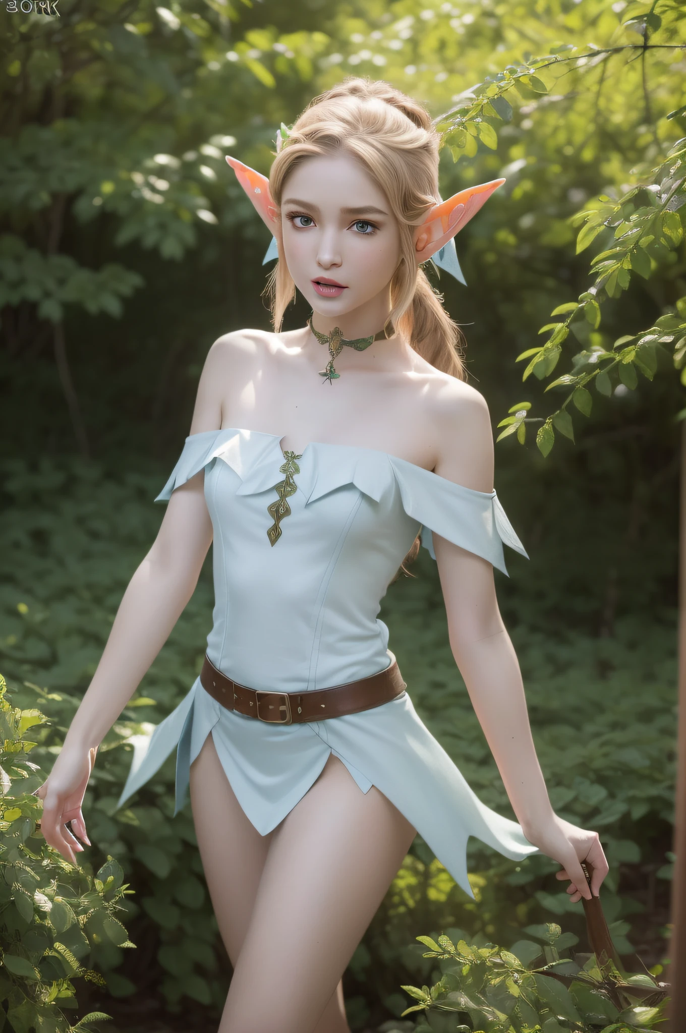 (photorealistic:1.4), ((Best quality, 8k, Masterpiece :1.3)), raw photo, 1girl, Pretty girl with slender body, (random hairstyles), (elf ears:1.4), fairy costume, off shoulder, slender, thin legs, Ultra-detailed face, (full body:1.3), wide angle, dynamic angle, cinematic angle, Detailed eyes, (natural hand), ((Natural eyes and mouth)), choker necklace, Armlet, earrings
