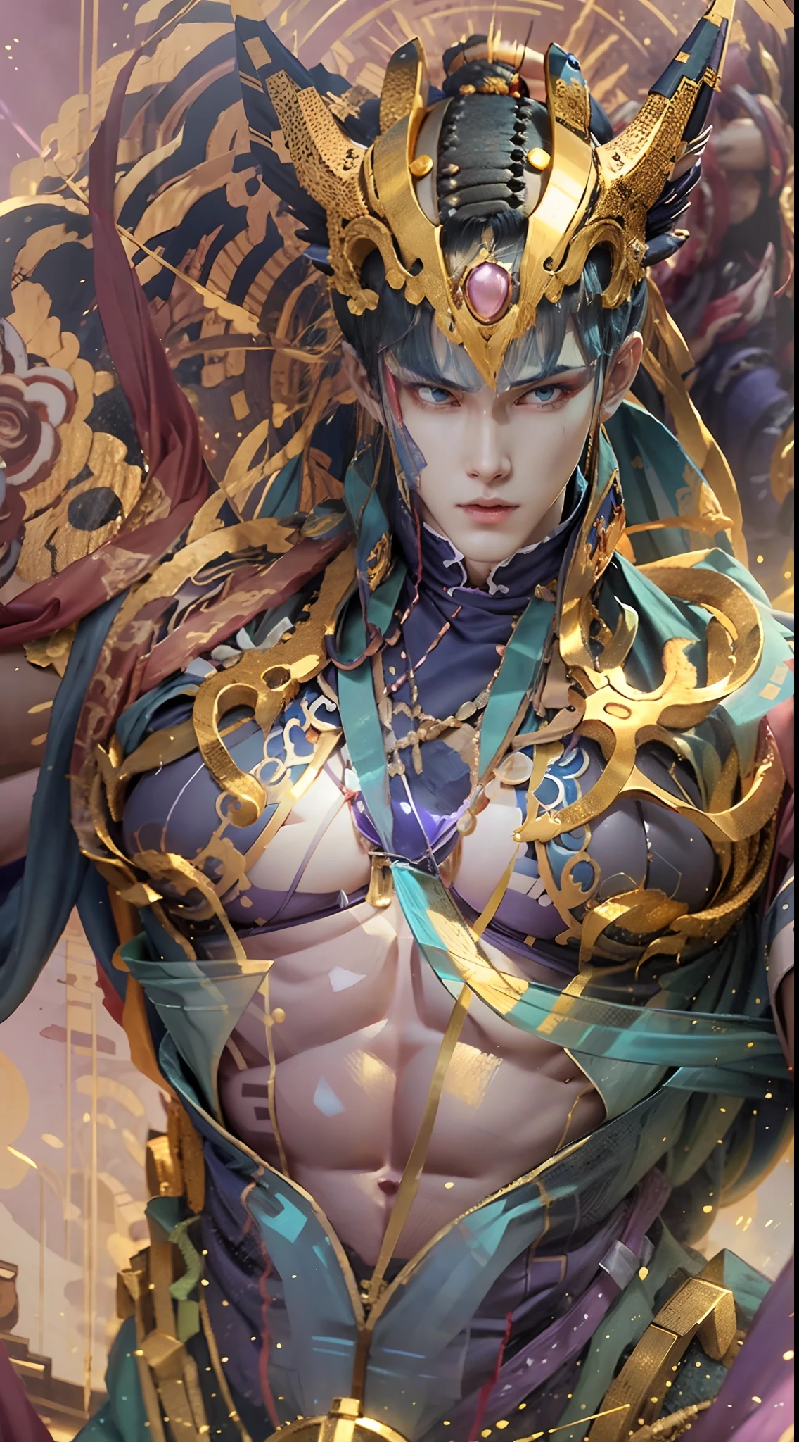 Sculpture design，Figures，GK model，（The whole body of the character），Expose muscles，（sexy for），（Exquisite base），The color of the clothes is gold，blue and violet，Transparent texture，Wu Yifan，Handsome cybernetic boy looking at camera lingerie detailed muscular reality masterpiece，musculous
